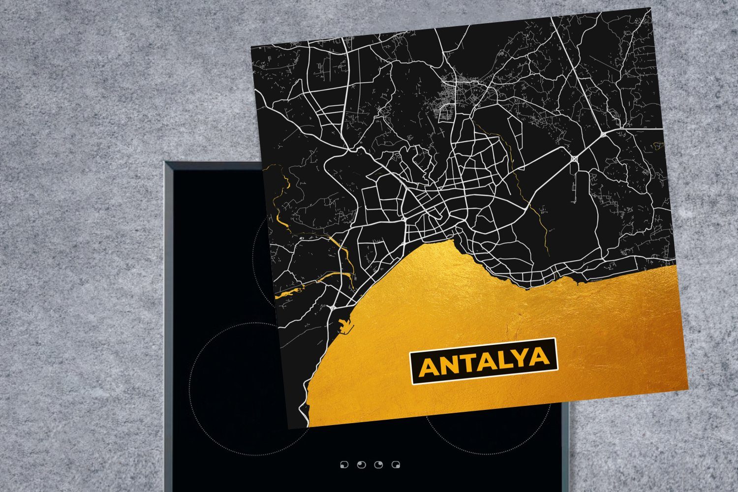 MuchoWow Herdblende-/Abdeckplatte Antalya - Gold Ceranfeldabdeckung, 78x78 cm, Karte küche - (1 Stadtplan, - Vinyl, Arbeitsplatte tlg), für