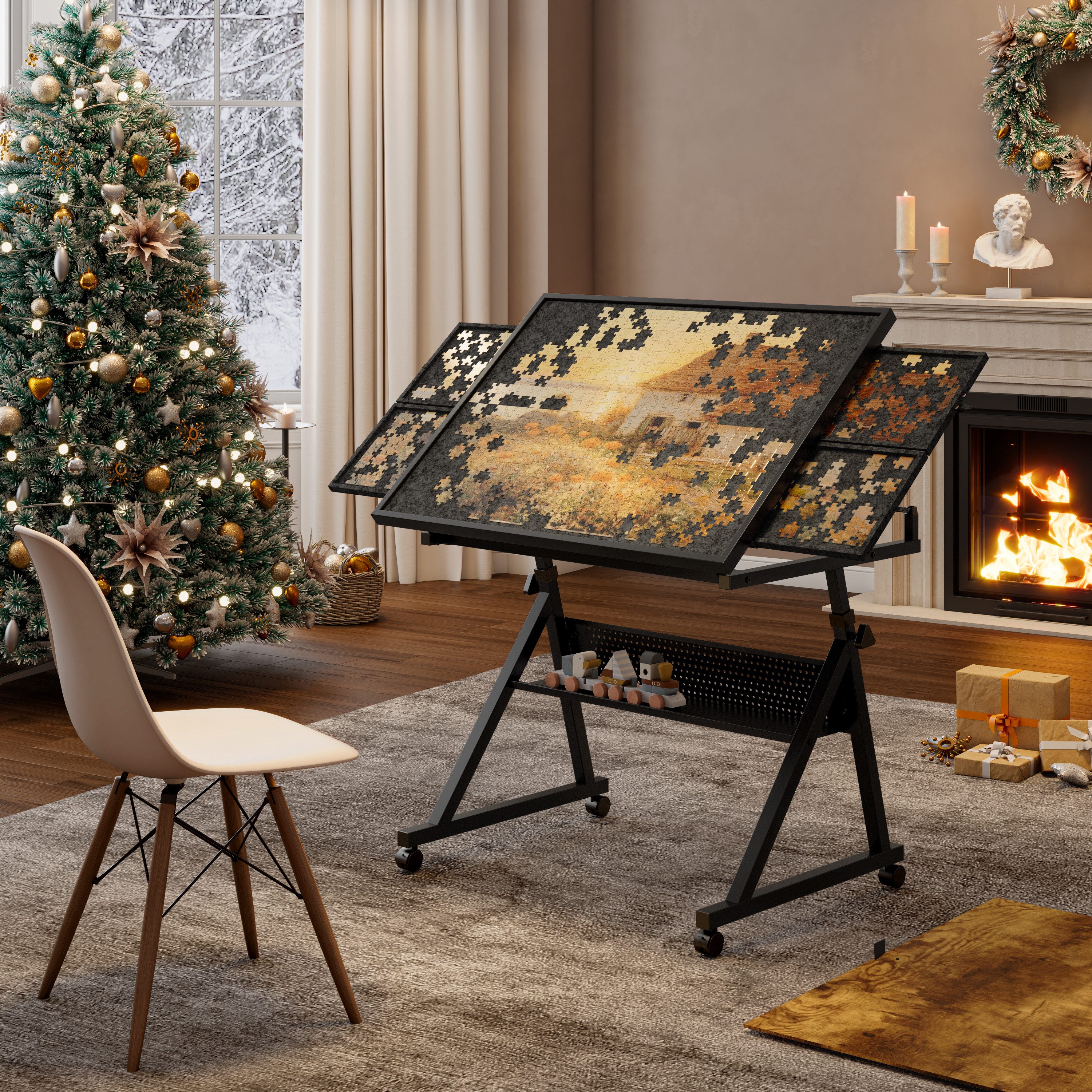 REDOM Puzzleunterlage Metall-Puzzle Tisch für Erwachsene 1500 Teile, (1, 1-tlg., Schwarz 90x66x96 cm), mit 4 Ablagen als Geschenk
