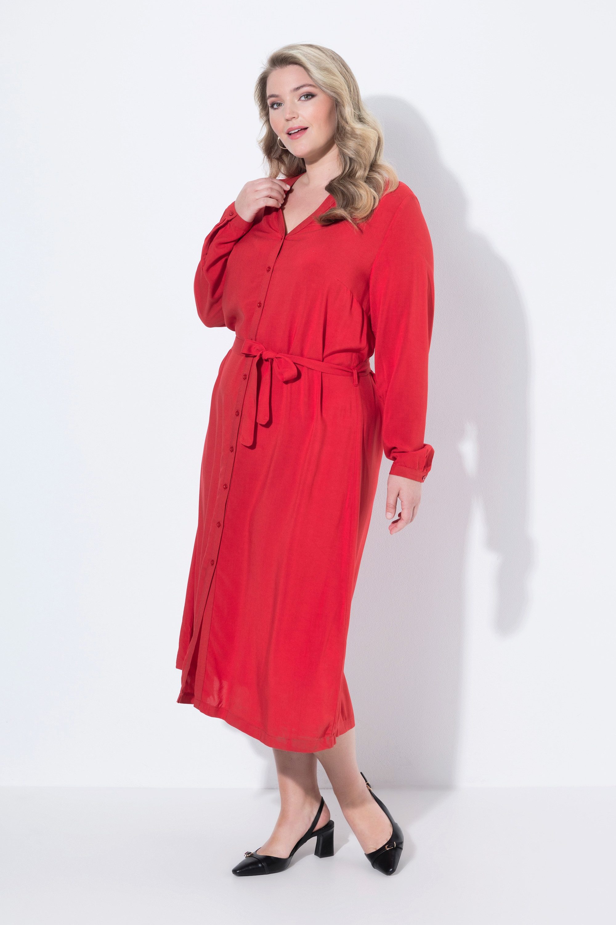 MIAMODA Jerseykleid Midikleid A-Linie Bindegürtel Knopfleiste Langarm