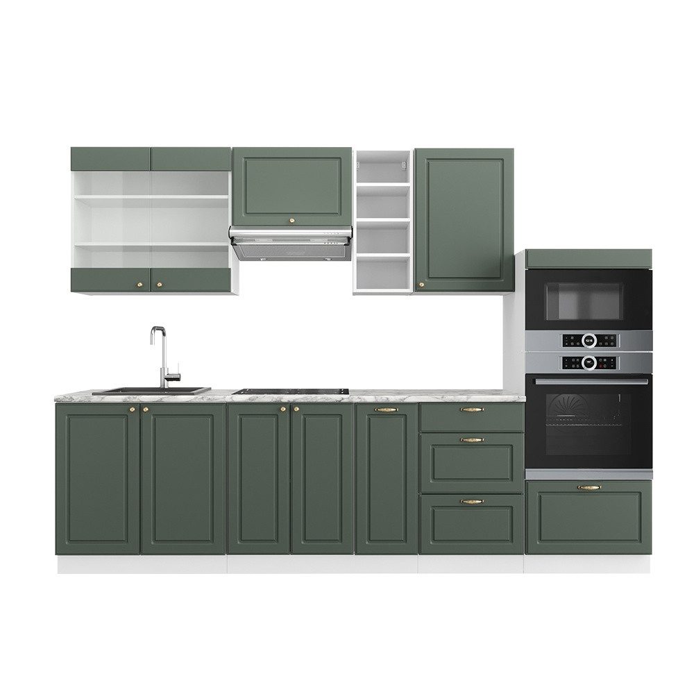 Vicco Küchenzeile Fame-Line, Grün-Gold Landhaus/Weiß, 280 cm ohne Arbeitsplatte