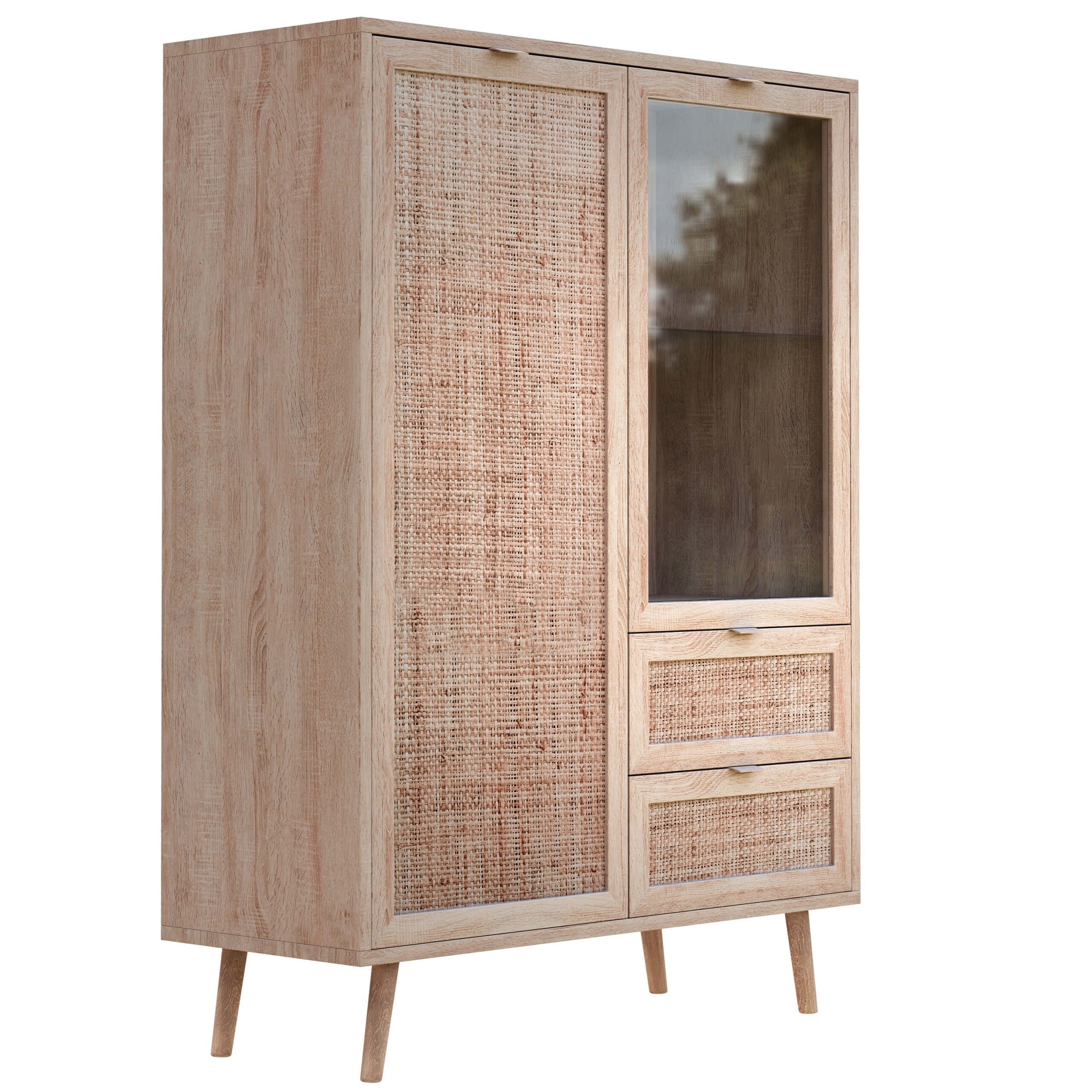 Newroom Highboard Mila, Highboard Sonoma Eiche Rattan Optik Modern Boho Sideboard Kommode, Hochkommode