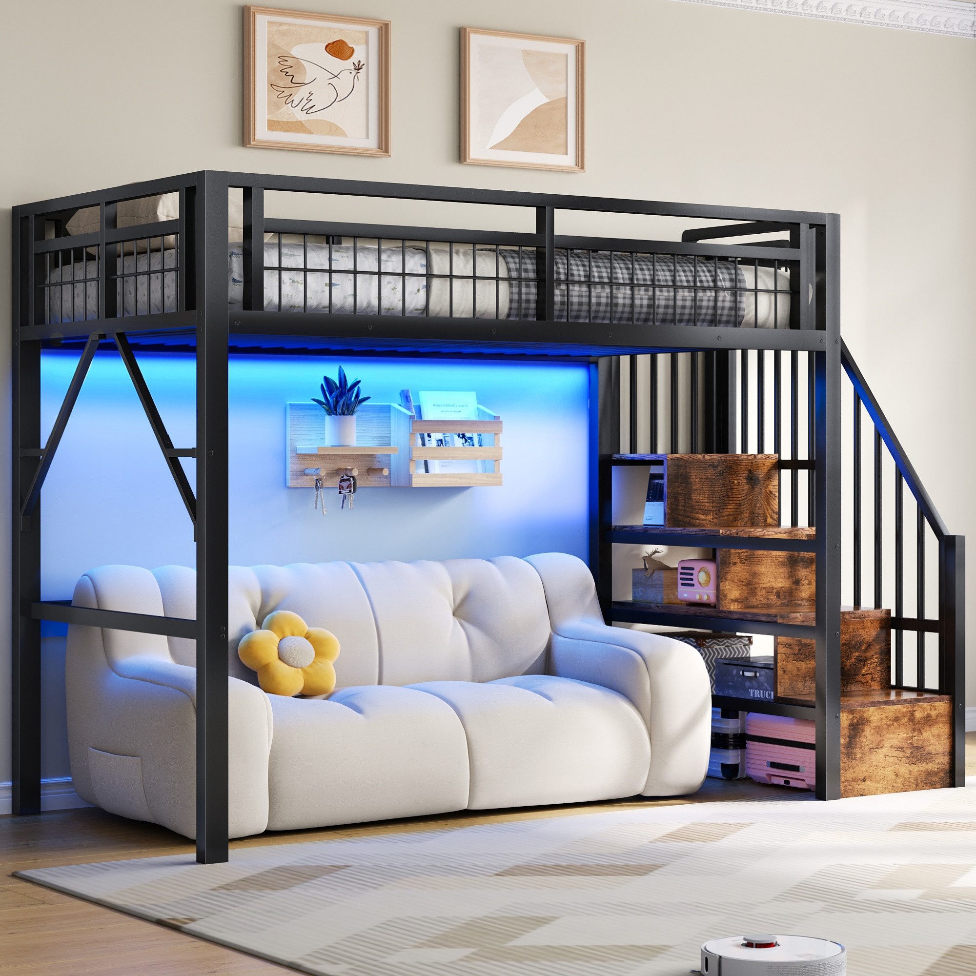 REDOM Hochbett Jugendbett mit Eisenrahmen, LED-Lichtleiste (Stauraumtreppe und freiem Raum zum Verkleiden, Metallbett, 90 x 200 cm) ohne Matratze