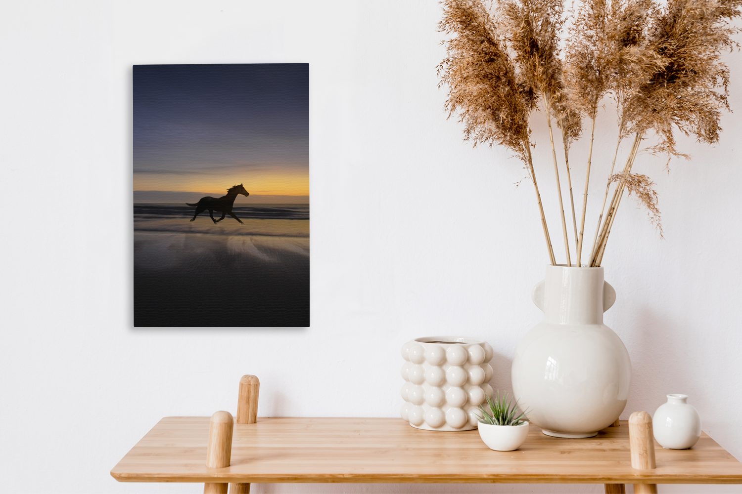OneMillionCanvasses® Leinwandbild Pferde Leinwandbild Sonnenuntergang, - St), 20x30 (1 Gemälde, Strand cm - Zackenaufhänger, inkl. fertig bespannt