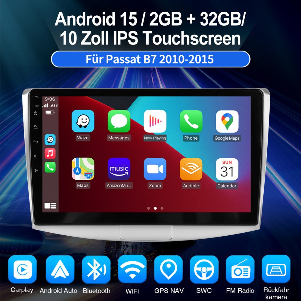 ESSGOO Für VW Passat B6 B7 CC 2010-2015 Carplay Autoradio Android 15 Autoradio (RDS, FM, GPS Navi WIFI Mirror Link SWC RDS)