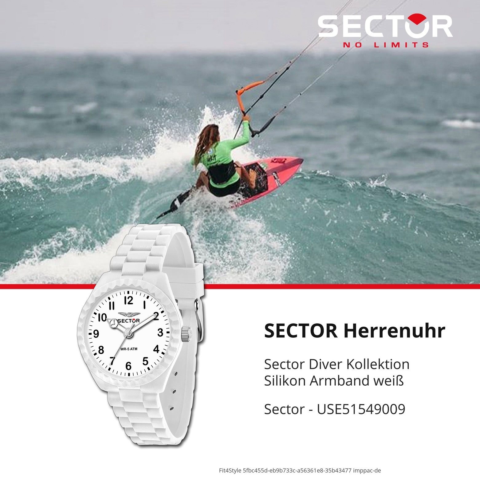 Sector Quarzuhr Sector weiß, rund, Fashion Silikonarmband Armbanduhr (ca. Armbanduhr Herren 42mm), Analog, groß Herren