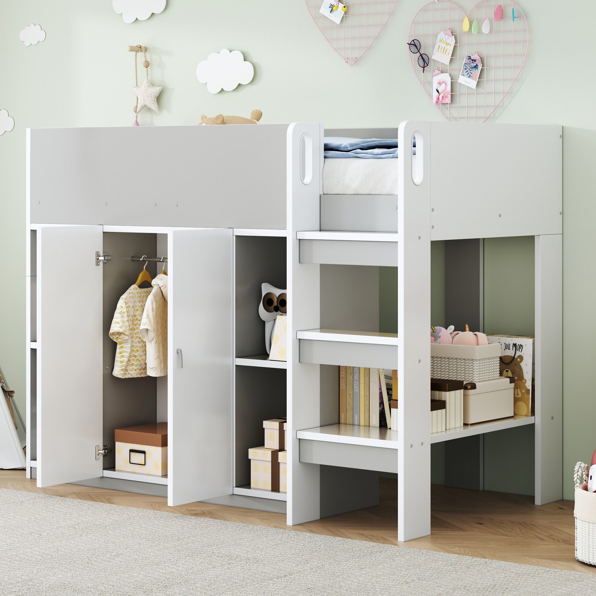 Merax Hochbett (1-St) Kiefernholzbett Kinderbett 90x200cm mit Kleiderschrank Regalen Leiter