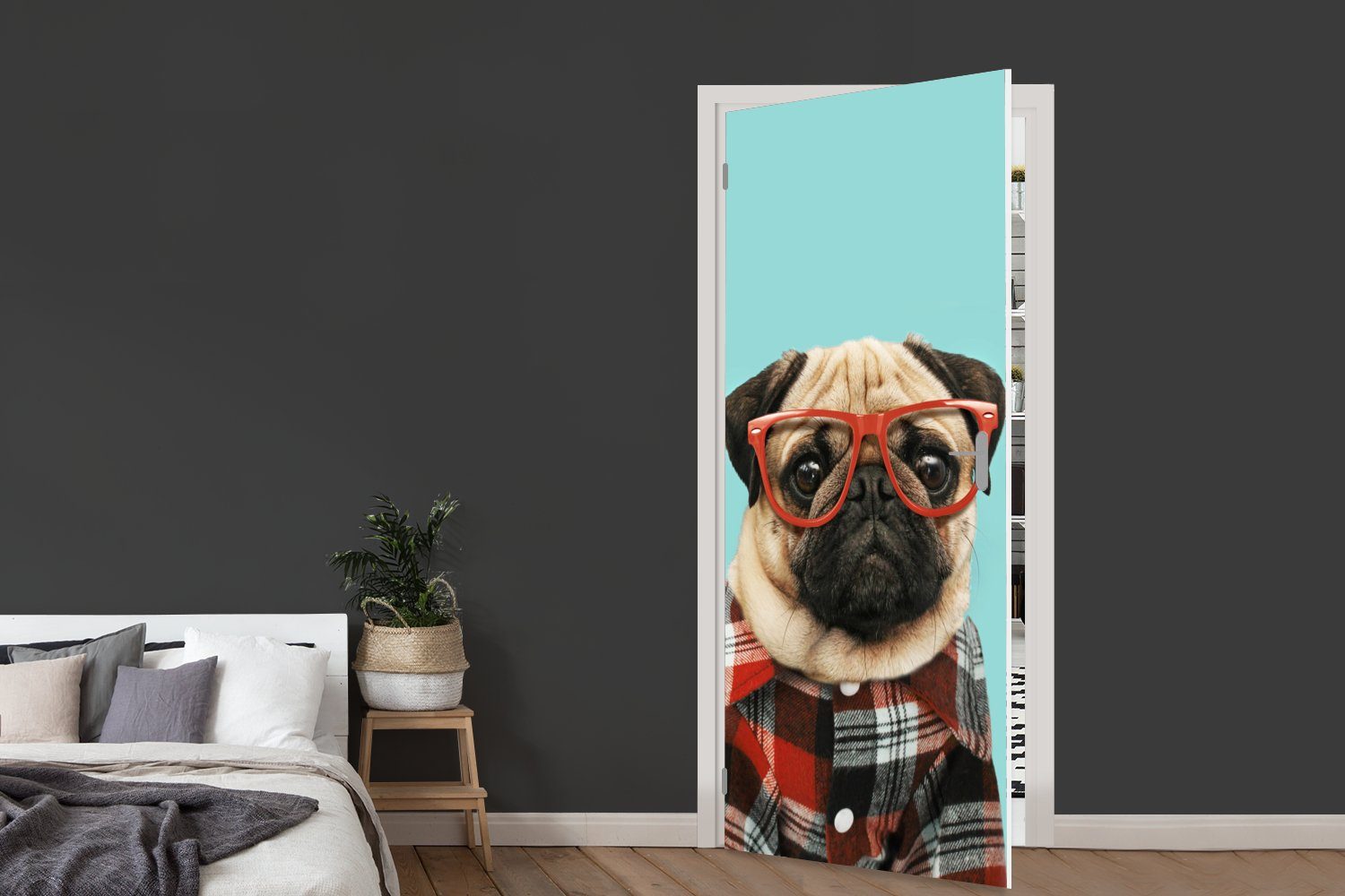 St), 75x205 cm für - - Tür, MuchoWow Hipster (1 Fototapete Brille Hund Türtapete bedruckt, Matt, Türaufkleber, - Bluse,