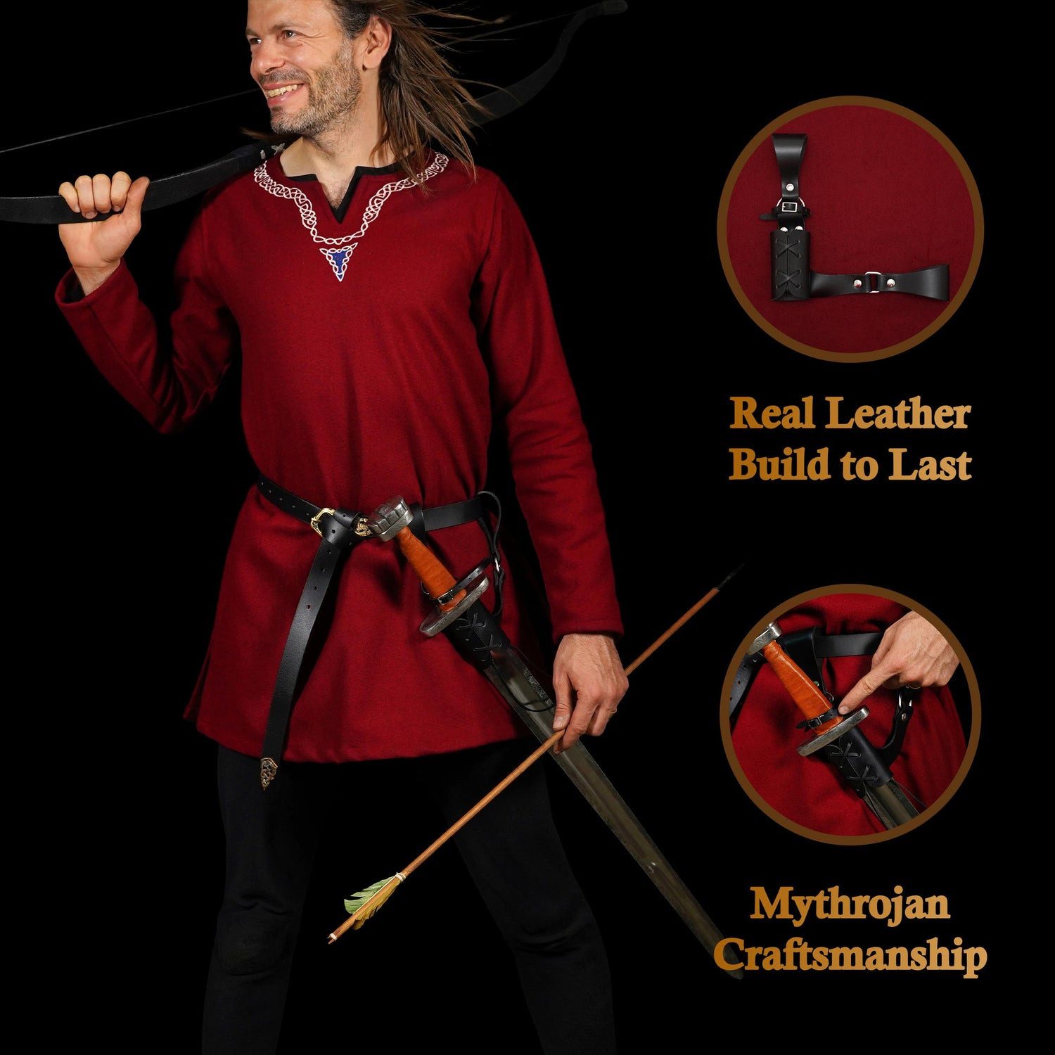 Mythrojan Gürtelhalter Gürtelhalter oder Schwerthalter aus Leder für Rechtshänder
