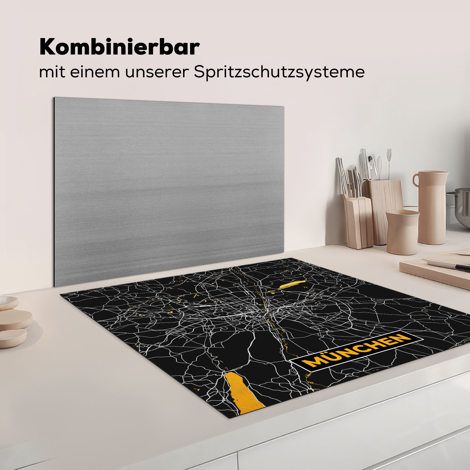 küche - Vinyl, Arbeitsplatte - Ceranfeldabdeckung, Gold cm, (1 78x78 - München Stadtplan MuchoWow tlg), für Karte Deutschland, Herdblende-/Abdeckplatte -