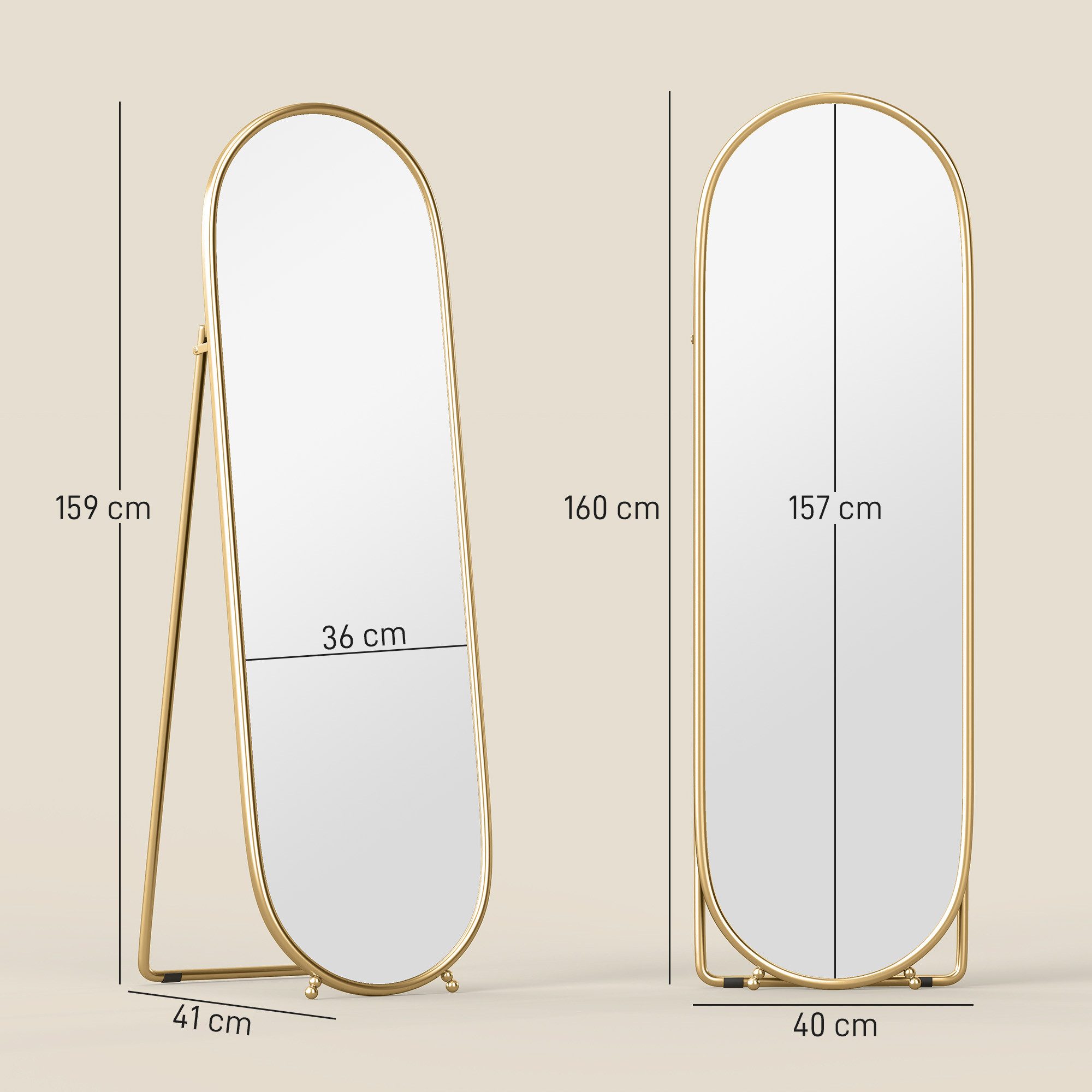 HOMCOM Standspiegel Ganzkörperspiegel mit Ständer, Metallrahmen, Oval (Garderobenspiegel, 1-St., Wandspiegel), für Wohnzimmer, Schlafzimmer, Gold – Bild 3 von 5