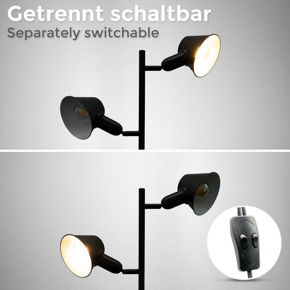 Stehleuchte schaltbar / 2-flammig Halogen BKL1556, - vom schwarz / Leuchtmittel Wohnzimmerlampe Stehlampe Retro / 230V ohne LED Neutralweiß B.K.Licht Leuchtmittel, Warmweiß 142,5cm Kaltweiß, E27 getrennt - Leselampe Abhängig schwenkbar