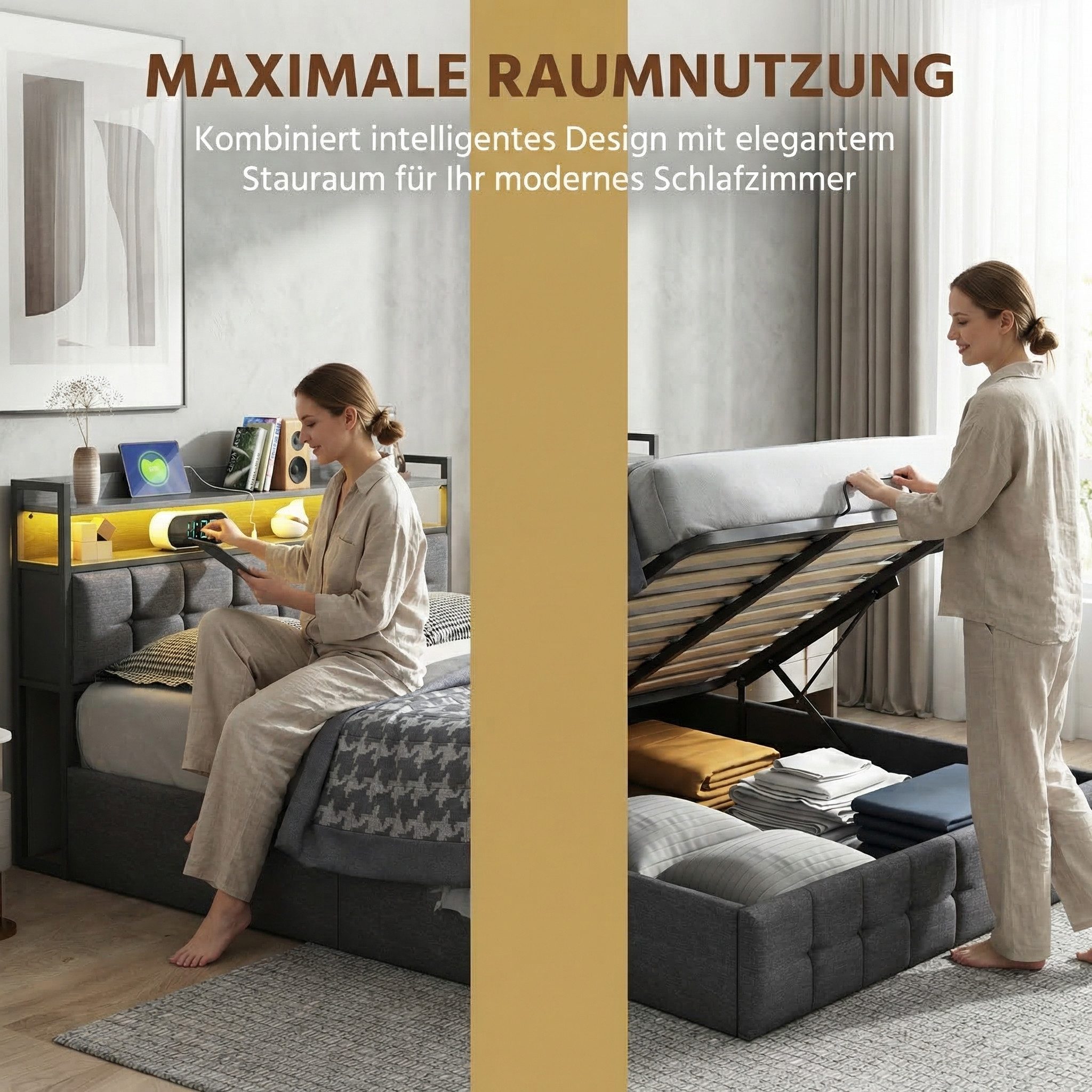 PXloue Polsterbett LED hydraulisches Doppelbett Stauraumbett (inkl. Hydraulisch anhebbarer Bettstauraum), mit USB-Laden und Stauraum am Kopfteil,Leinen,160x200 cm