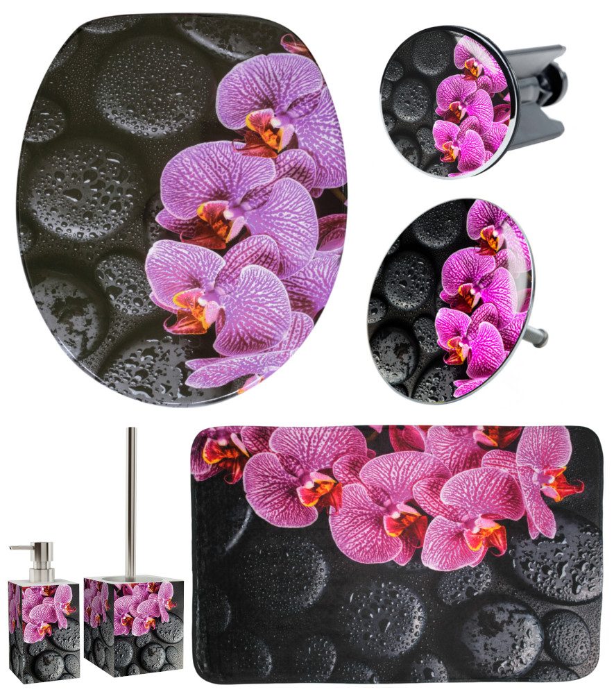 Sanilo Badaccessoire-Set Madeira, Komplett-Set, 6 tlg., bestehend aus WC-Sitz, Badteppich, Stöpsel, Seifenspender, WC-Bürste