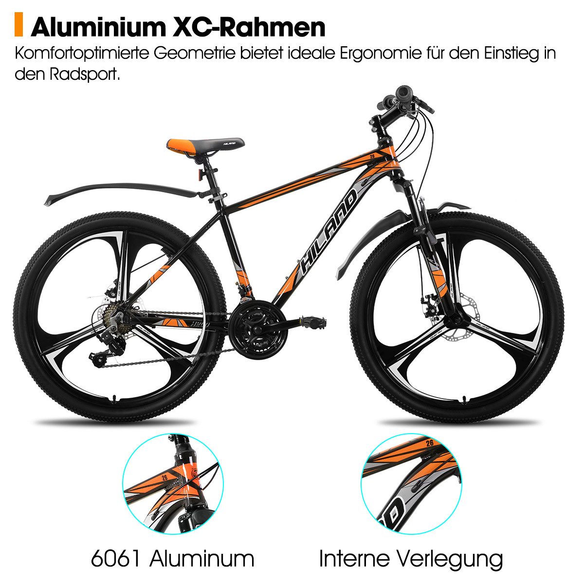 HILAND Mountainbike 26" Aluminium MTB Shimano 18-Gang, 3D/6D Felgen wählbar, 3/6-Speichen-Räder, 18-Gang, mit Schutzblechen, Doppelscheibenbremsen