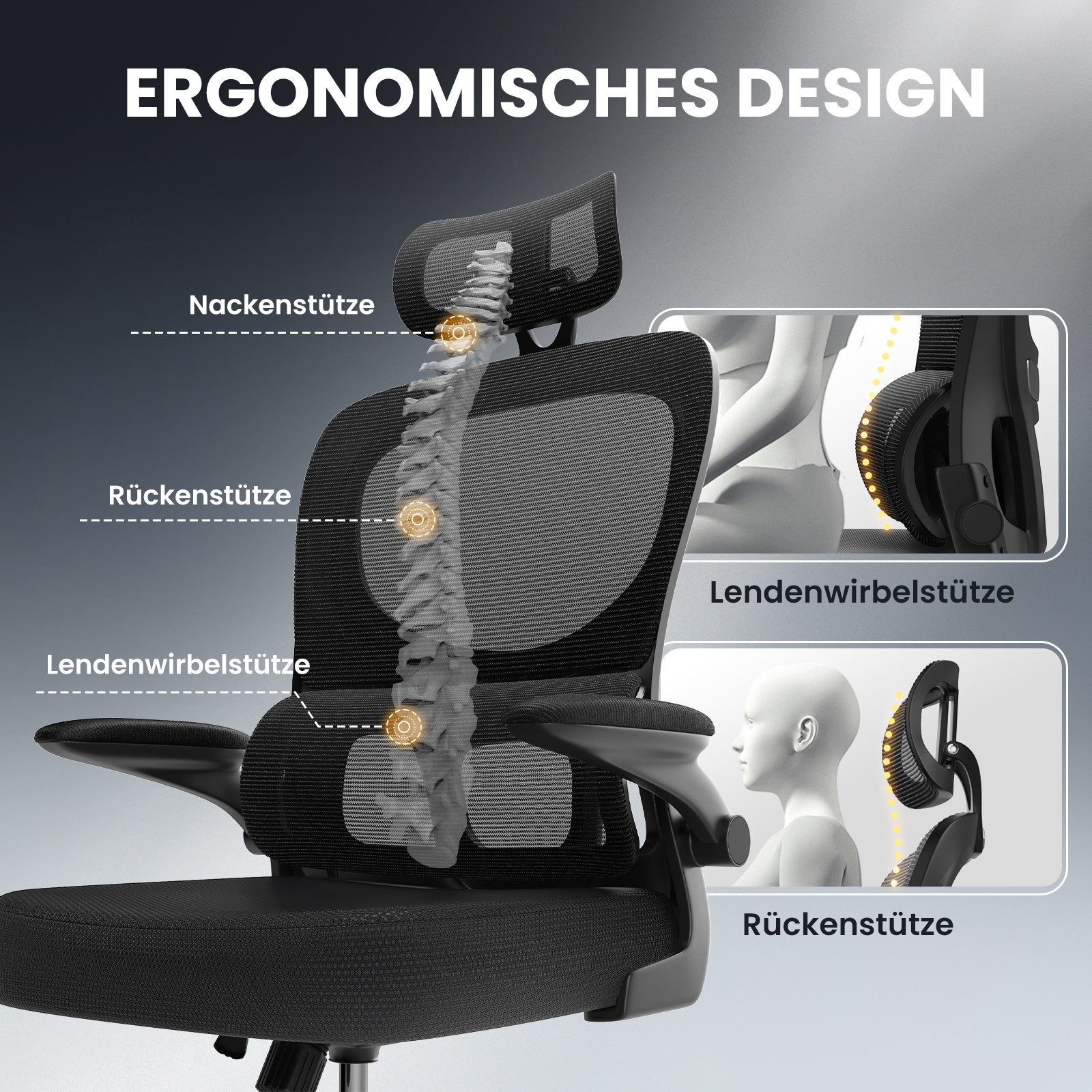 ZAISZE Bürostuhl Ergonomischer Bürostuhl mit Verstellbarer Kopfstütze und Armlehnen (Rückenlehne verstellbar 90°-120°, selbstanpassender Lordosenstütze), Schreibtischstuhl, Drehstuhl, Computer-Bürostuhl, Bis 110 kg