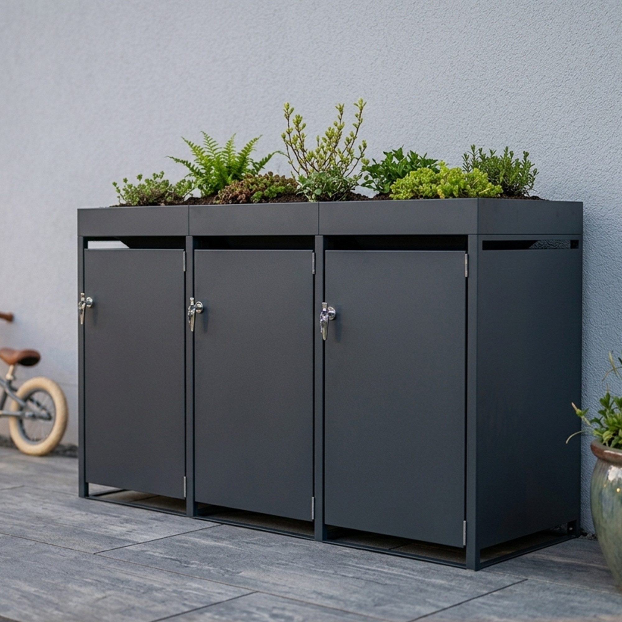 GARLIVO Mülltonnenbox Blaustern Mülltonnenbox mit Pflanzdach 3er 240L, Verschließbare Mülltonnenverkleidung -modernes Design als Sichtschutz