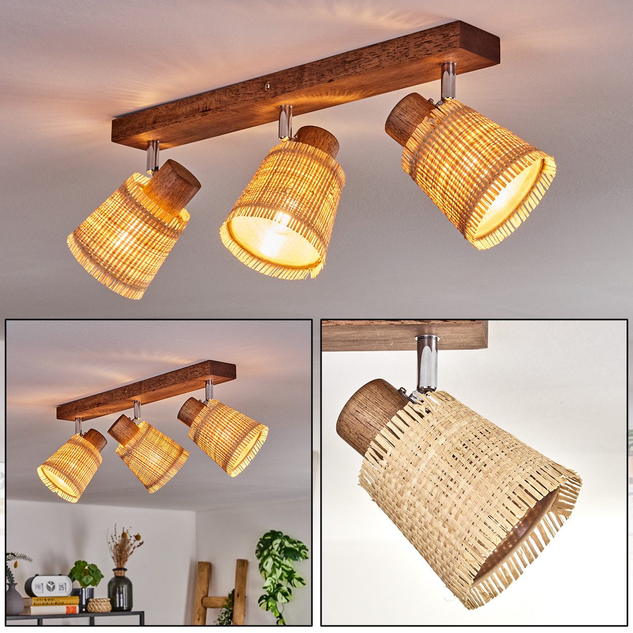 hofstein Deckenleuchte Deckenlampe aus Holz/Metall/Bast in Dunkelbraun/Chrom/Naturfarben, ohne Leuchtmittel, mit verstellbaren Strahlern, 3 x E14, ohne Leuchtmittel