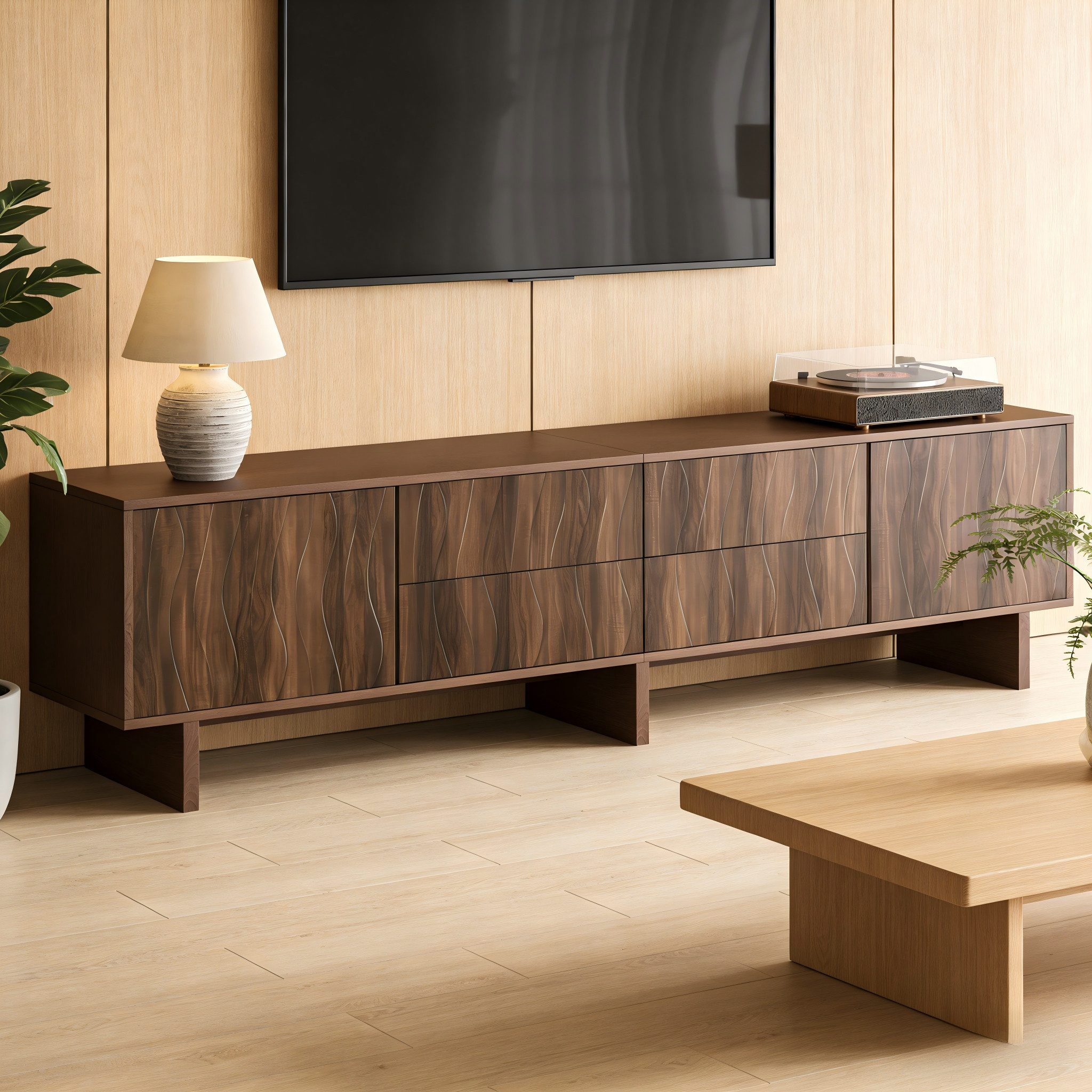MODFU TV-Schrank in Walnuss mit wellenförmigem Frontdesign (Packung, 1-St., Geeignet als Lowboard für Fernseher bis zu 75 Zoll) 180x56x40 cm, mit 4 Schubladen und 2 Schranktüren