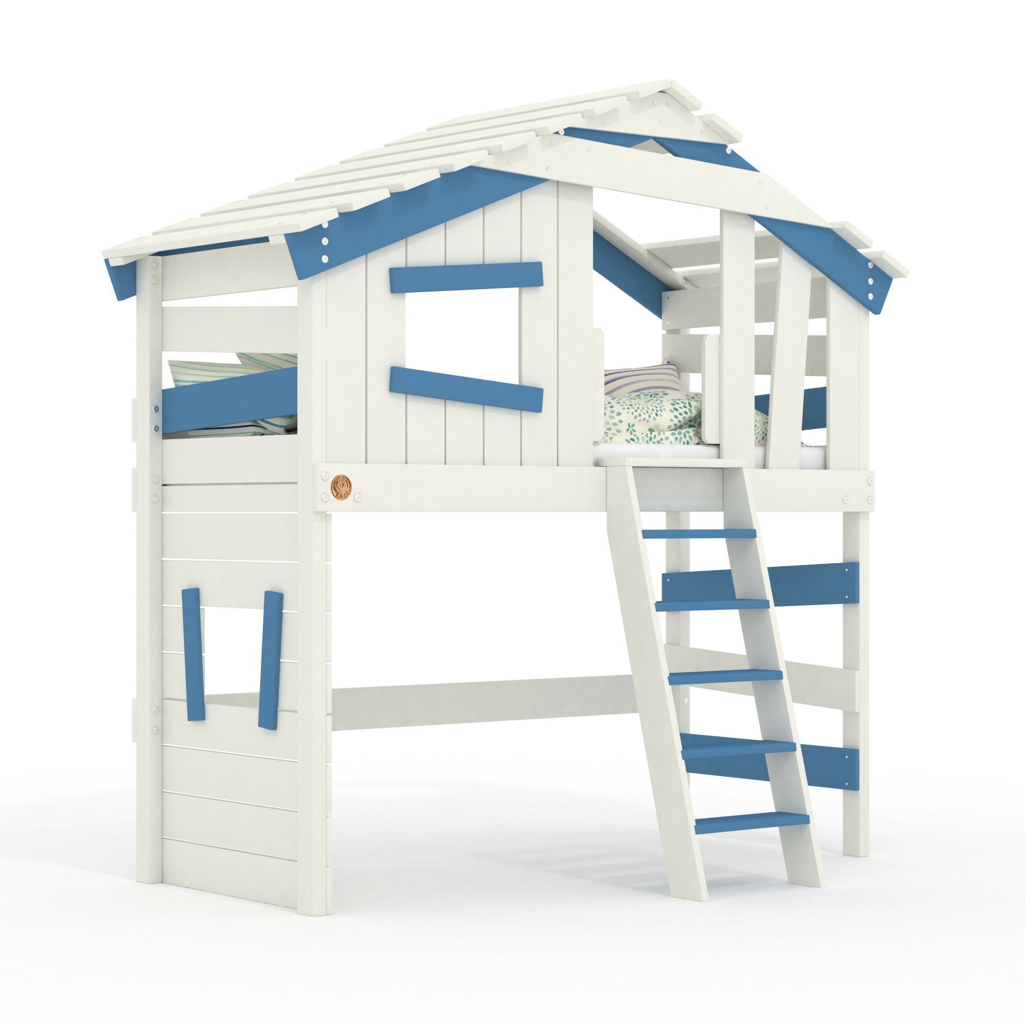 bibex Hochbett ALPIN CHALET Hochbett, Kinderbett, Doppelbett, Hausbett - Blau/Weiss