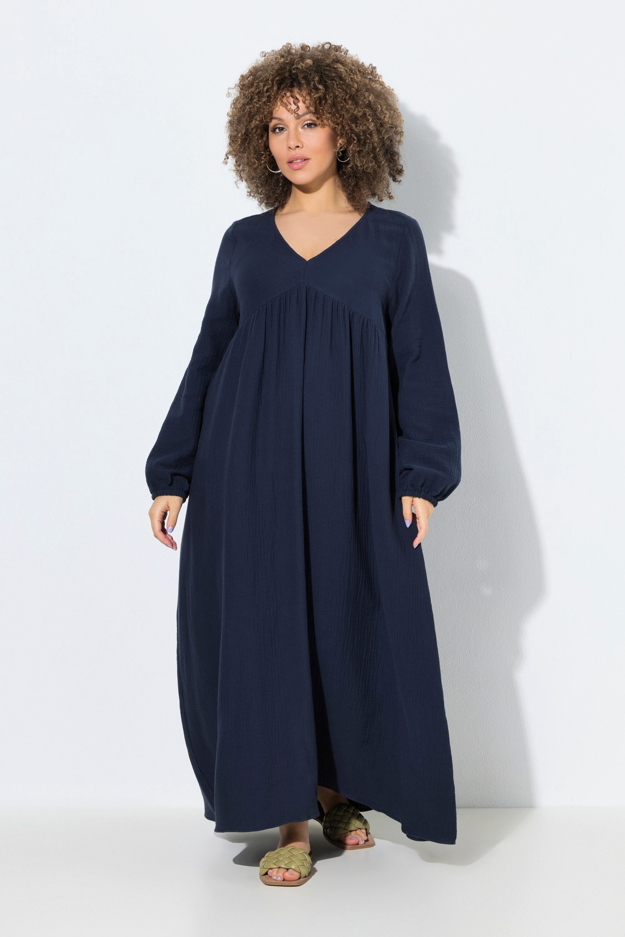 Ulla Popken Maxikleid Musselinkleid A-Linie V-Ausschnitt Langarm