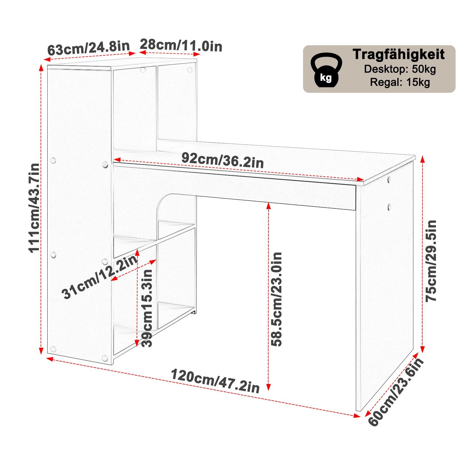 EUGAD Schreibtisch (1-St), Computertisch mit Regal Links oder rechts montierbar, weiß