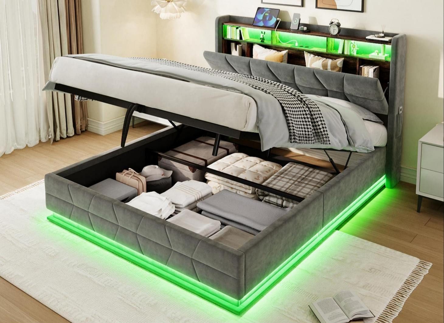 LVHOM Boxbett 140/160x200, 140x190cm, LED-Licht, multifunktionales Kopfteil, USB/-C (Samtstoff, hydraulisches Stausystem, offenes Kopfteil, Seitentaschen für die Fernbedienung, USB-/Typ-C-Ladeanschlüsse, Metallrahmen mit Holzlattenrost, 300 kg Belastbarkeit), Staubschutzhülle, geeignet für verschiedene Schlafzimmer