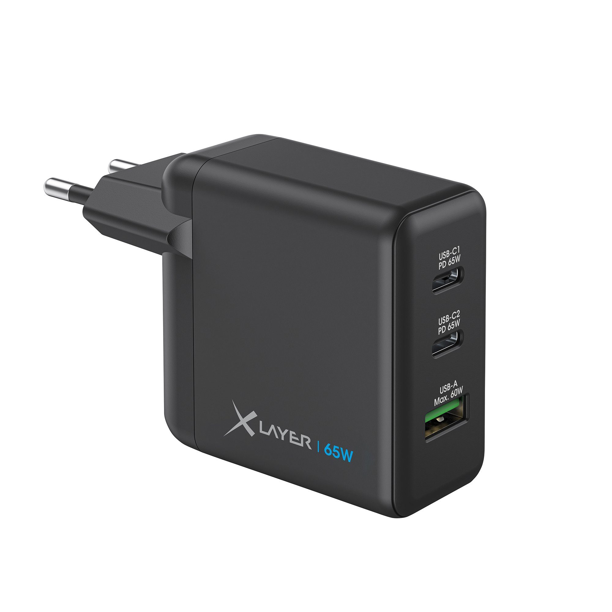 XLAYER Powercharger 65W USB-C Schnellladegerät GaN Technologie 3-Port Smartphone-Ladegerät Schwarz