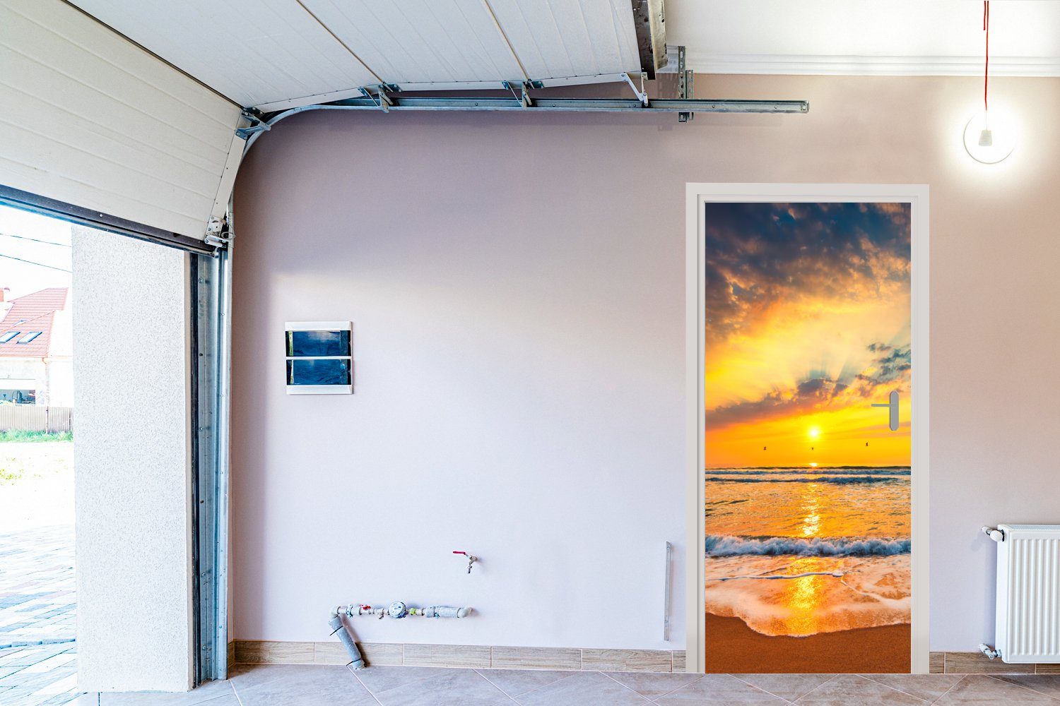 Strand - bedruckt, Tür, für Sonnenuntergang (1 Wolken - Matt, Türaufkleber, MuchoWow St), cm 75x205 Türtapete Orange, - Meer Fototapete -