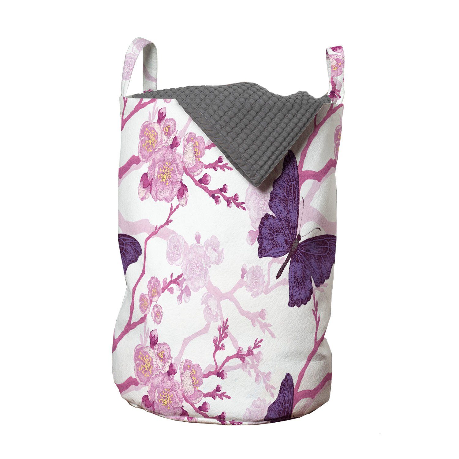 Abakuhaus Wäschesäckchen Wäschekorb mit Griffen Kordelzugverschluss für Waschsalons, Blumen Zarte Blumen Schmetterlinge