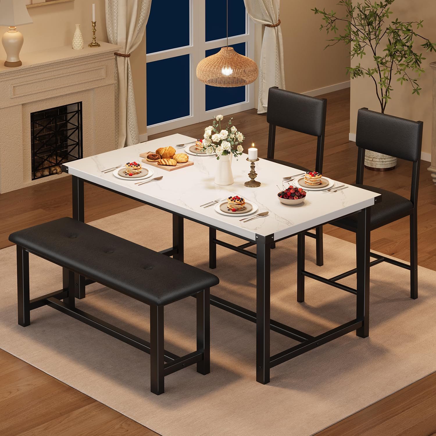 GarveeMore Essgruppe für 4,Esstisch mit 2 gepolsterten Stühlen und Bank, Holzküchen-Esszimmer-Set,für kleine Räume,Wohnung,Haus,Küche, Esstisch mit Stühlen