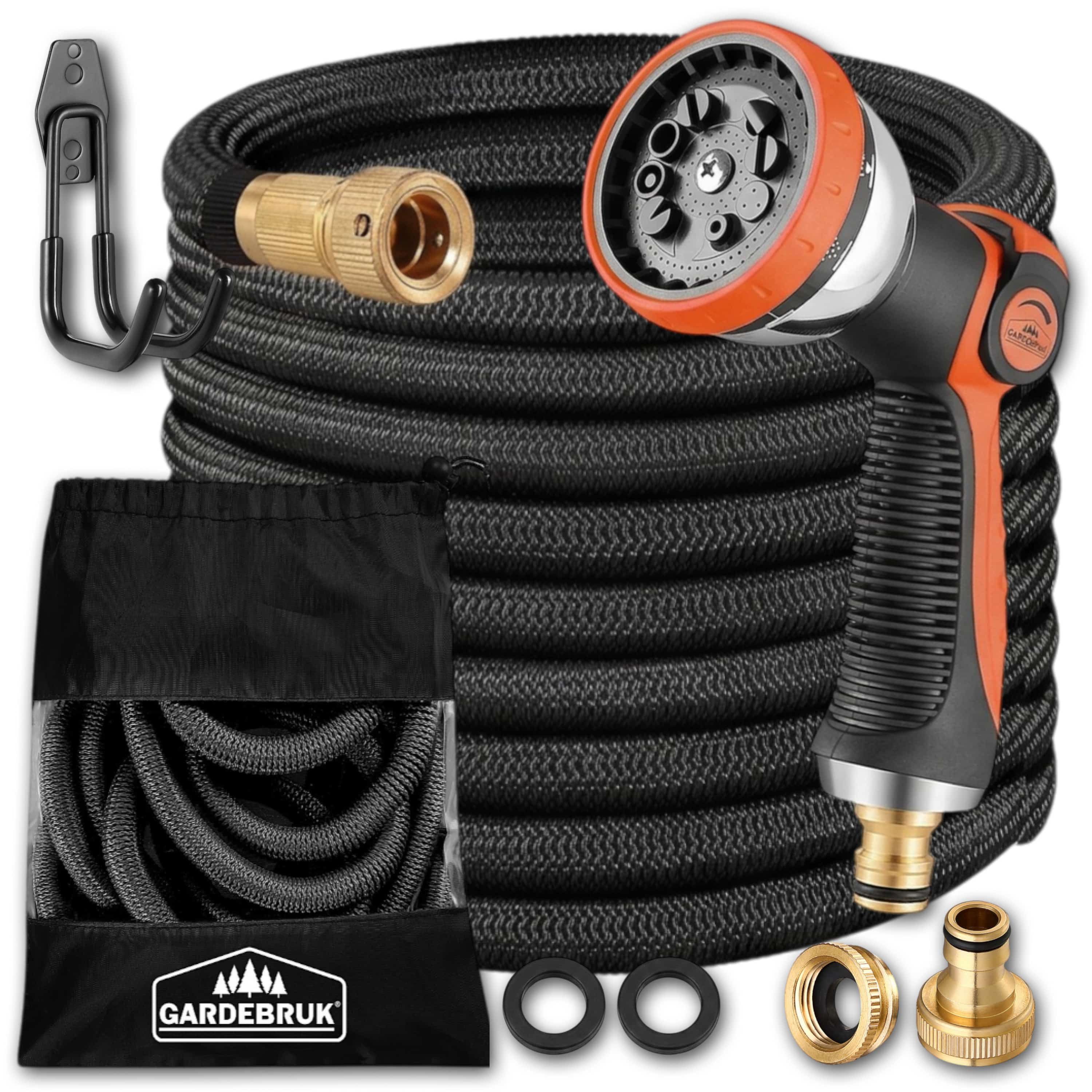 Gardebruk Bewässerungsschlauch, 7,5m 3fach Latexkern Vollmessing Adapter 1/2" 3/4" Zoll Tasche Schwarz