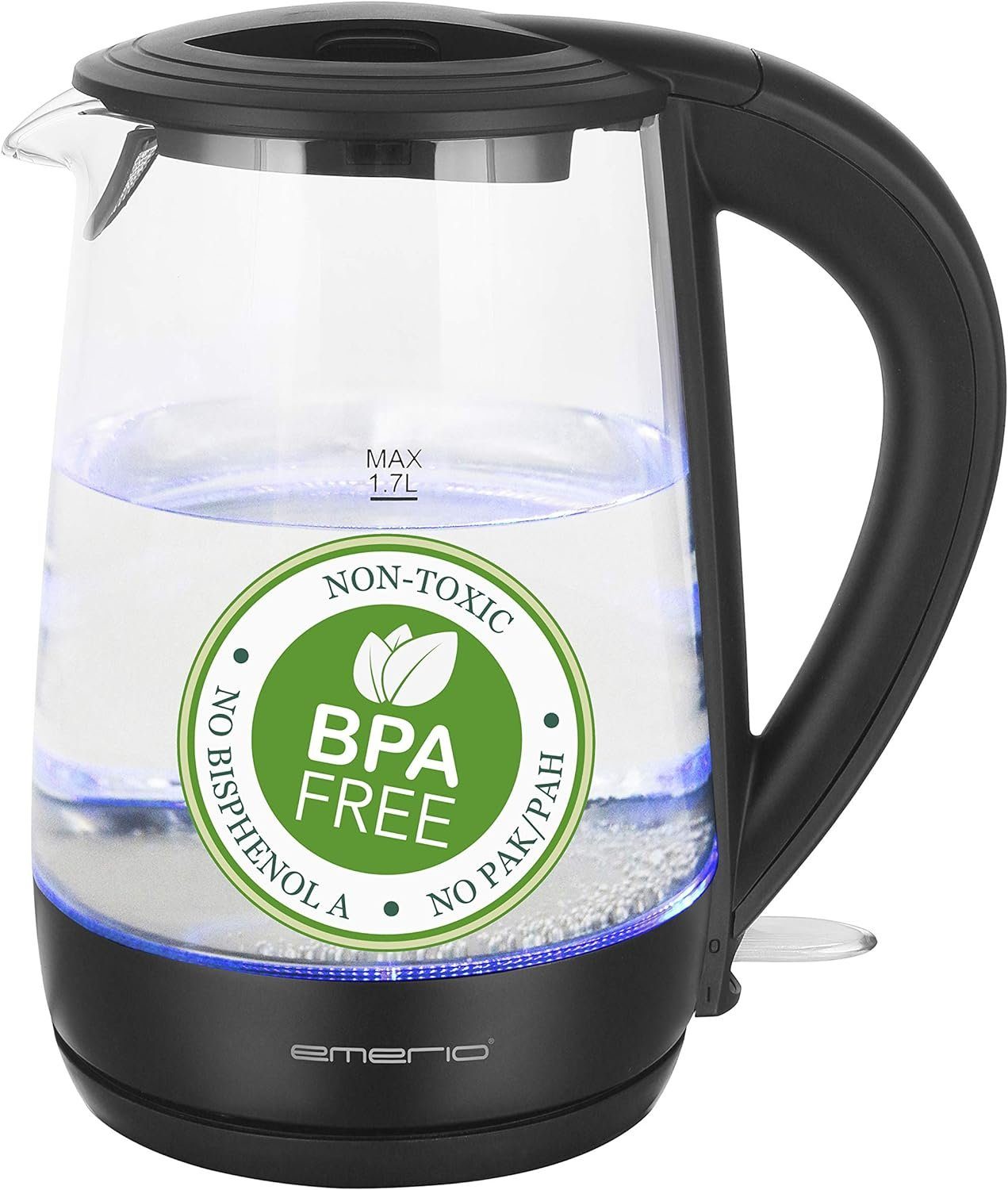 Wasserkocher, Borosilikatglas 2200,00 frei Volumen aus BPA 1.7 LED 1.7L bestem Emerio l, Watt W, Glas 2200