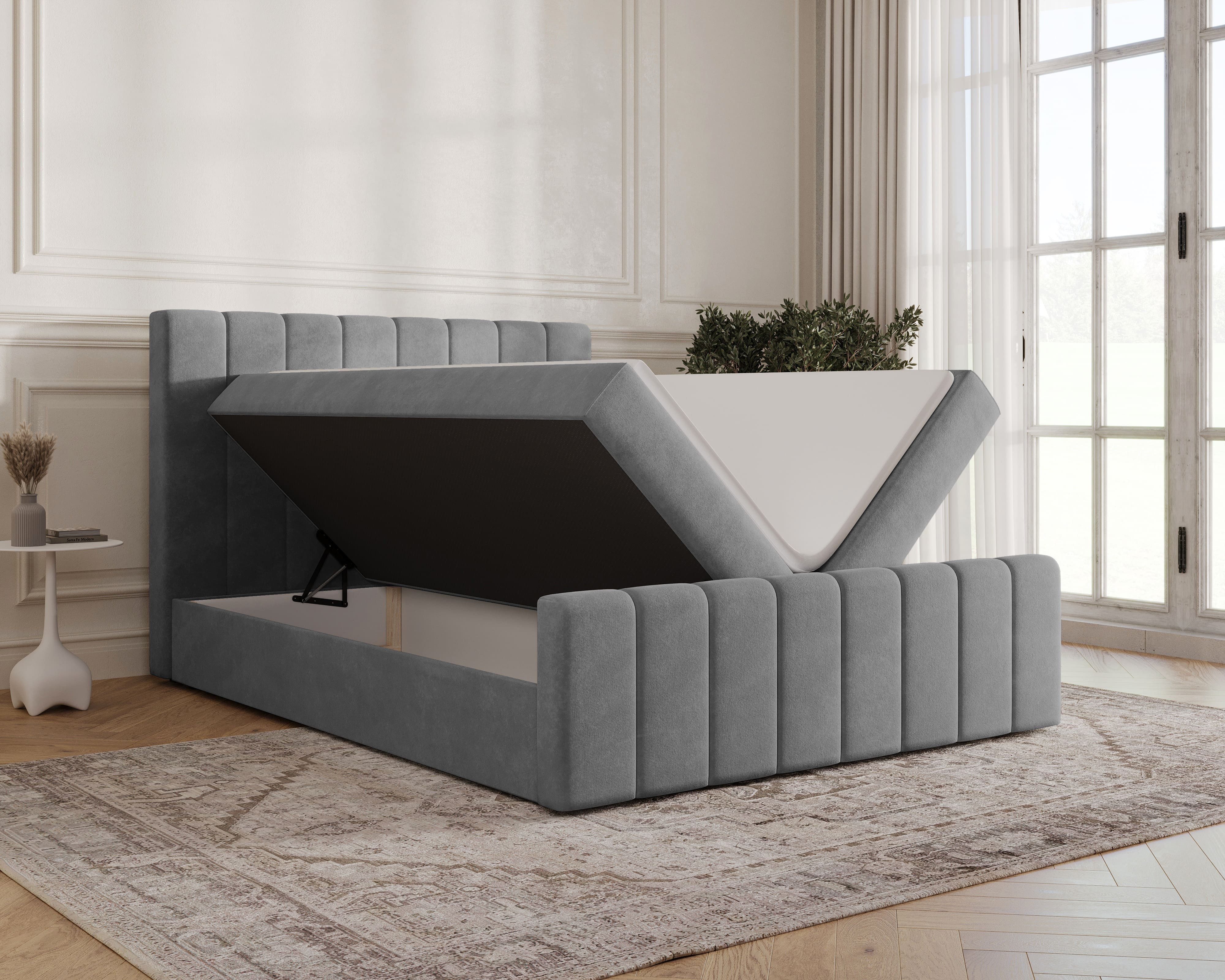 MOEBLO Boxbett BETT 01 BIS (Bonell, Topper, modernes Velours-Design mit Steppung & Stauraum, Doppelbett gepolstertes Kopfteil mit Bettkasten, aus Samt, Polsterbett Kontinentalbett, dekorativem Kopfteil, aus Samt), - (BxHxT):144/164/184x113x223 cm