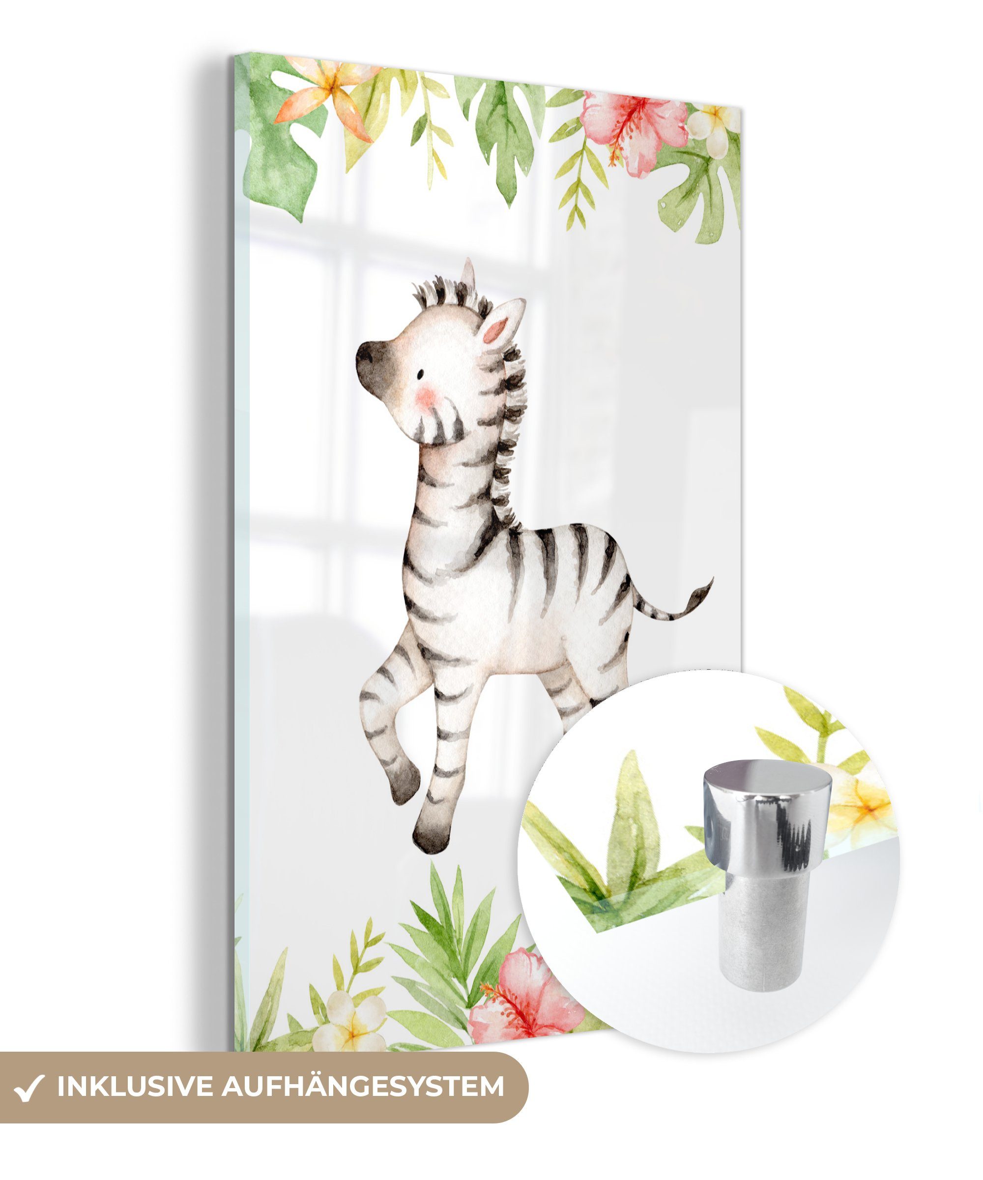 MuchoWow Acrylglasbild (1 Bilder auf Glasbilder Blumen Pflanzen, - Glas - Wanddekoration St), Glas - Dschungel Zebra - Foto auf - - Wandbild