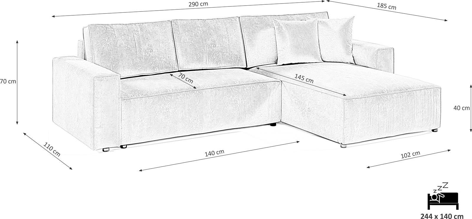 Ecksofa Schlafsofa mit BOSTON, Grau Funktionen cm 290 L-Form Compleo Corner Ecksofa