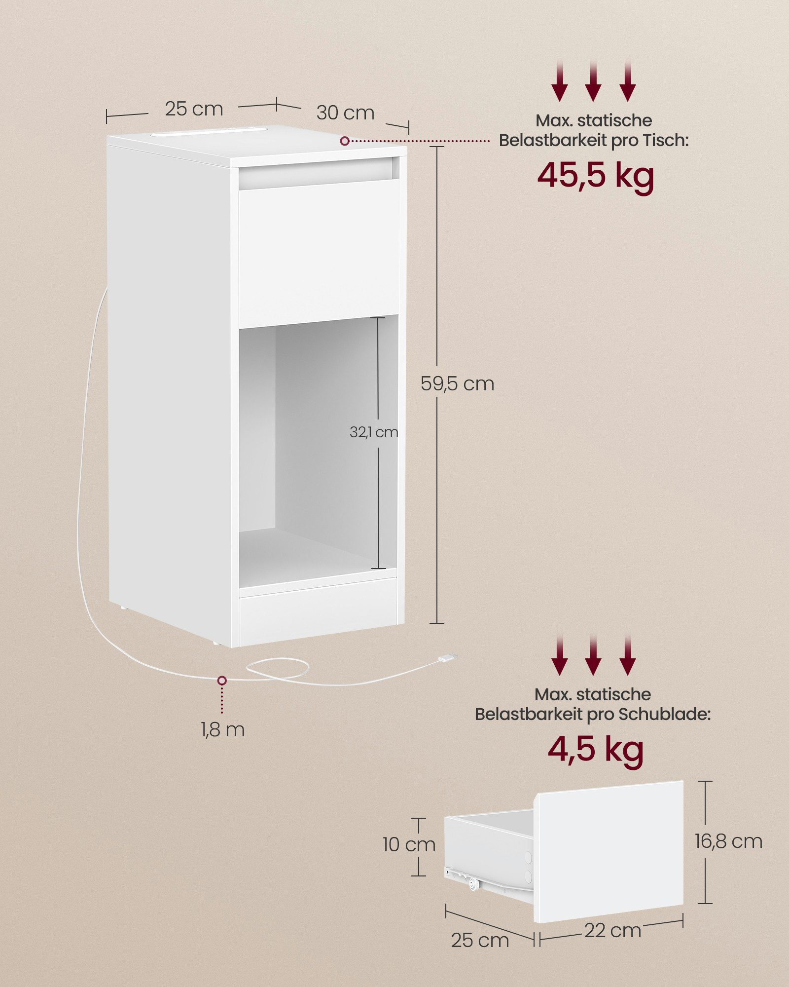VASAGLE Nachttisch (1-St), schmal Beistelltisch, Nachtschrank mit LED-Beleuchtung,Touch-Steuerung