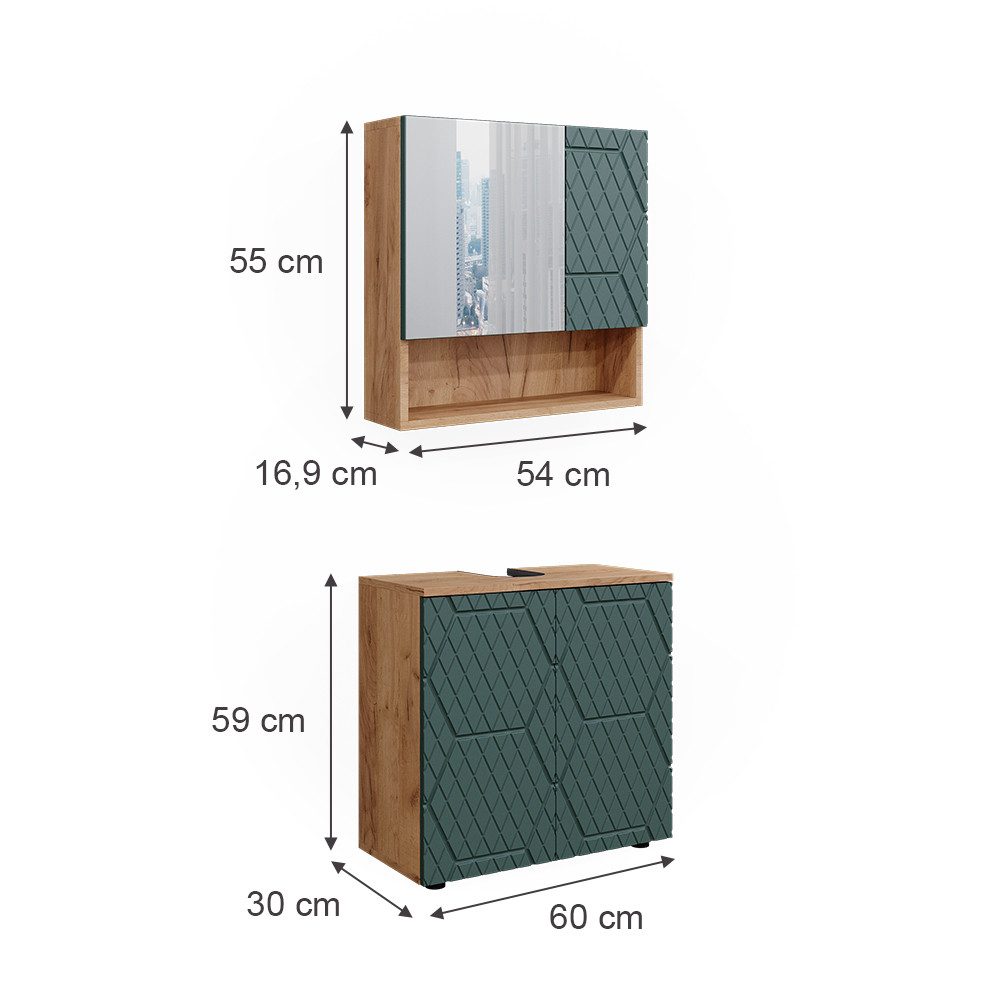 Vicco Badmöbel-Set Irma, Goldkraft Eiche/Grün, 2 Teile, Unterschrank 60 cm, (3-er Set, 2-St., 2er Set)