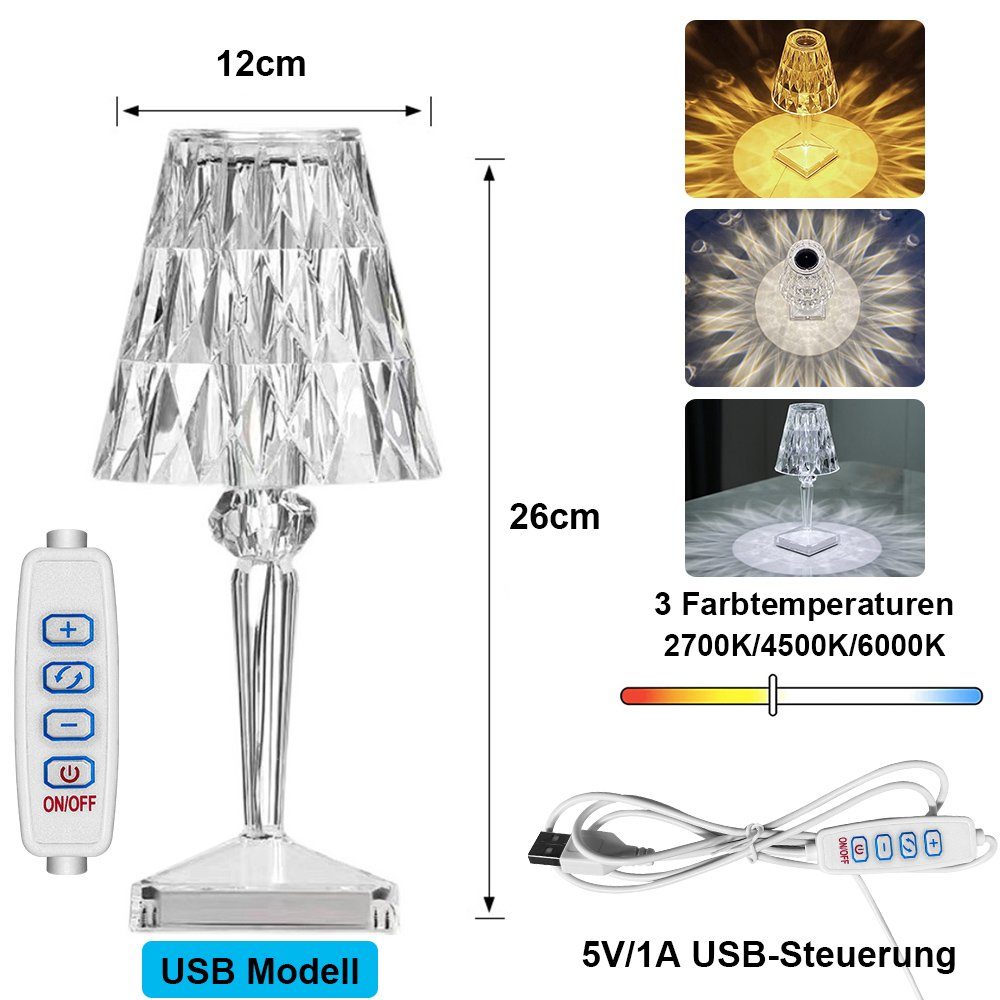 LED mit Acryl, Kristall Model Touch-Bedienung, Steuerung, MUPOO Nachttischlampe Kabellos/Kabelgebunden, USB-Kabel Dimmbar Deko Tischlampe Nachtlicht Nachtlicht,Wiederaufladbares/USB
