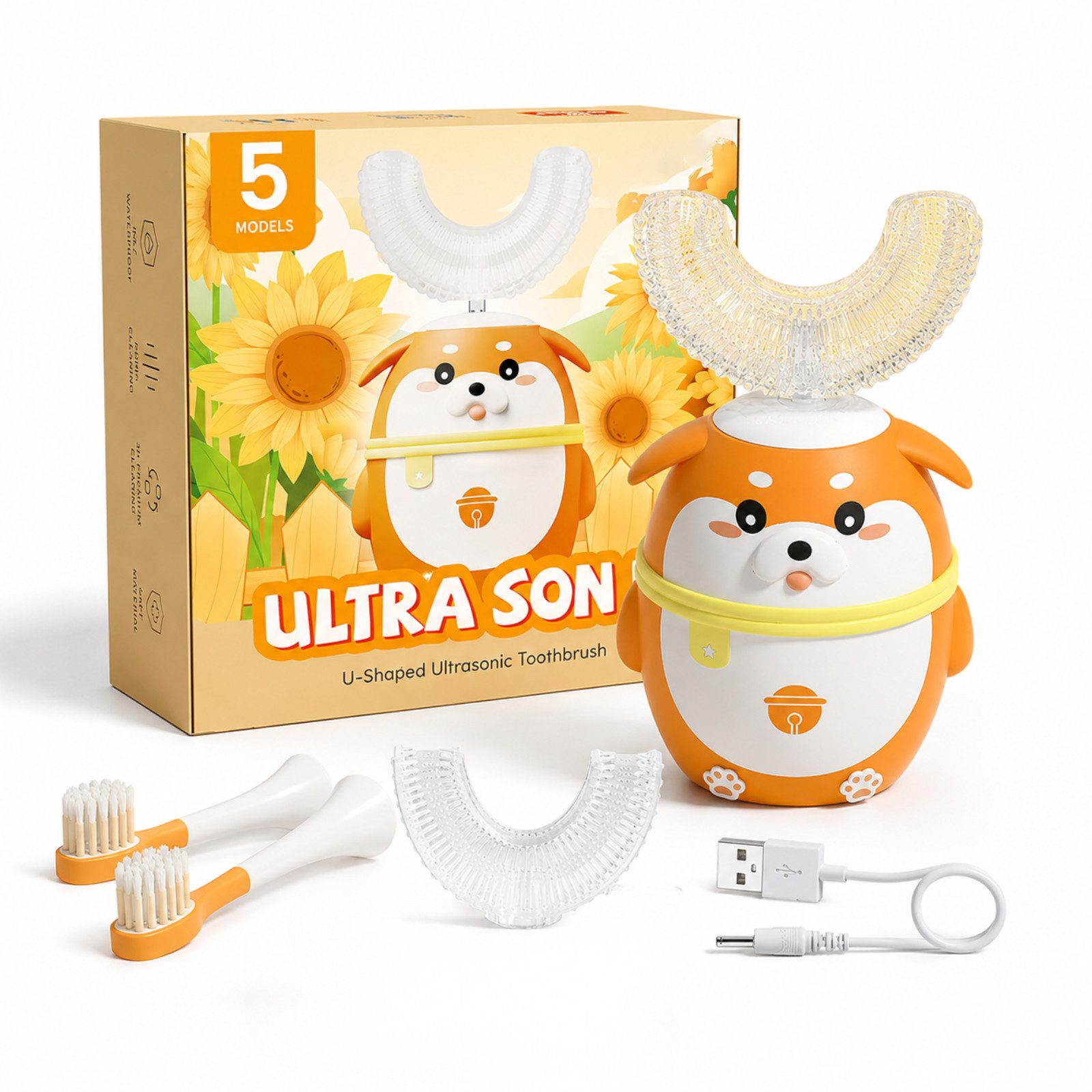 Tekoo Elektrische Kinderzahnbürste Schallzahnbürste Kinder Set U-Form, 5 Modi & Timer, 2-7 Jahre, Aufsteckbürsten: 4 St., Inklusive 4 Bürstenköpfe (2x U-Form, 2x Standard), Elektrische Kinderzahnbürste mit U-Form Kopf für 360° Reinigung