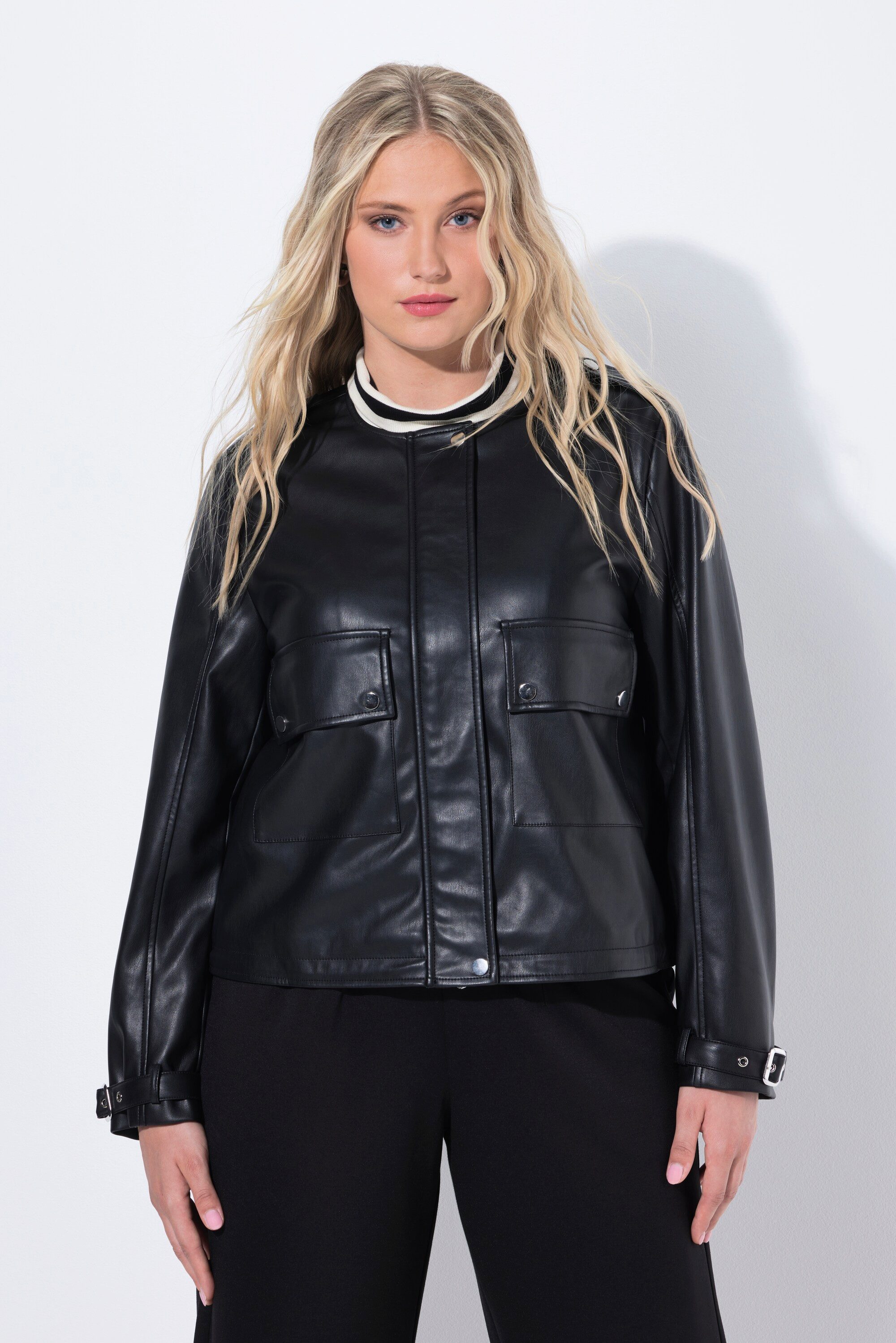 Ulla Popken Lederjacke Jacke Lederoptik Oversized Rundhals 2-Wege-Zipper günstig online kaufen