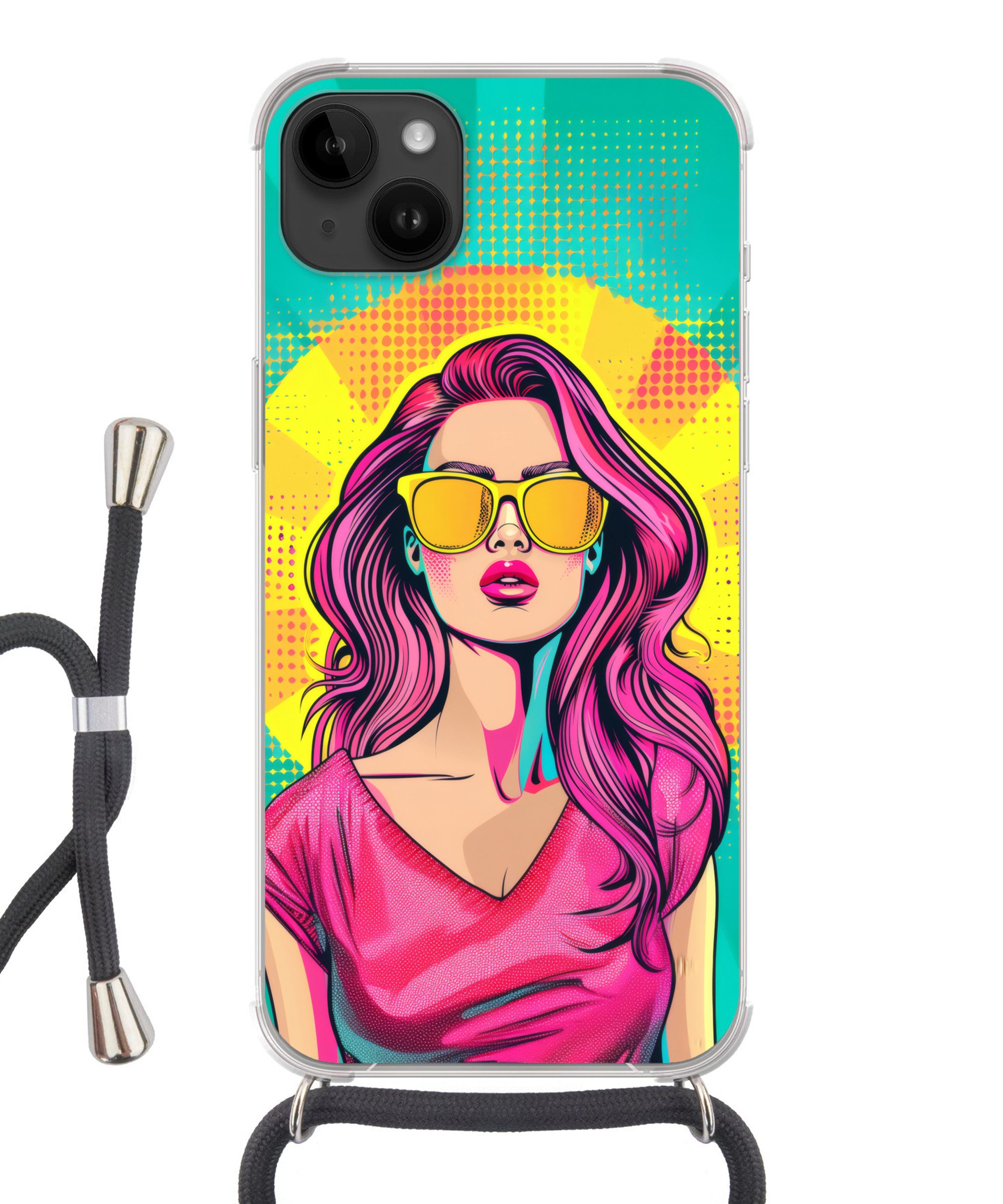 MuchoWow Handyhülle für Apple iPhone 14 Max Sonnenbrille - Frau - Sonnig - Gelb, Tragbare Handyhüllen mit Kette zum umhängen, Handykette Handyband