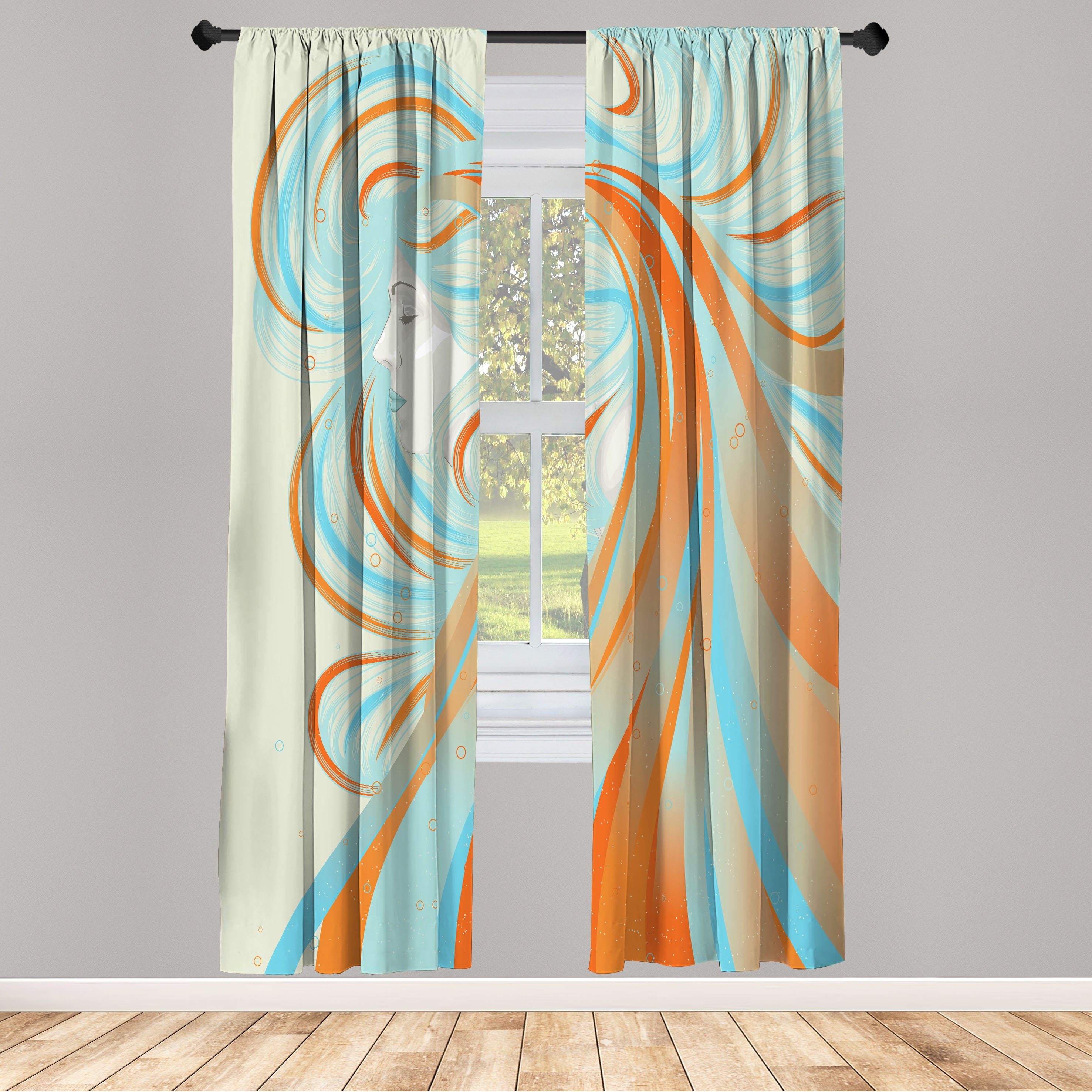 Gardine Vorhang für Abakuhaus, Langhaar-Frauen-Grafik Dekor, Schlafzimmer Wohnzimmer Microfaser, Abstrakt