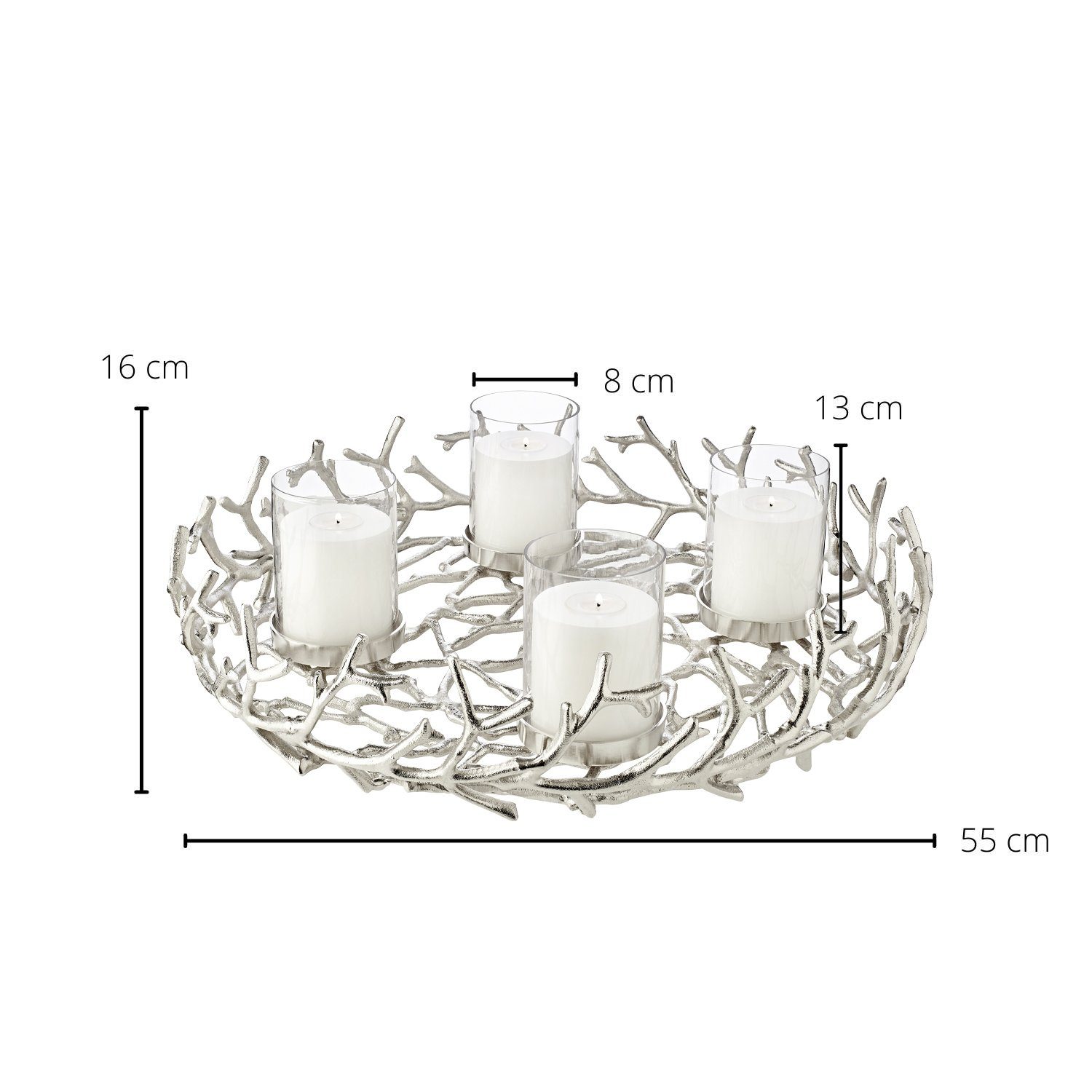 XL, Kerzenhalter mit 8 (58 Weihnachtsdeko Adventskranz Adventsleuchter Kerzen für Porus Silber-Optik, á für vernickelt Stumpenkerzen, 4 EDZARD als als Ø Tischdeko cm) cm, Kerzenkranz