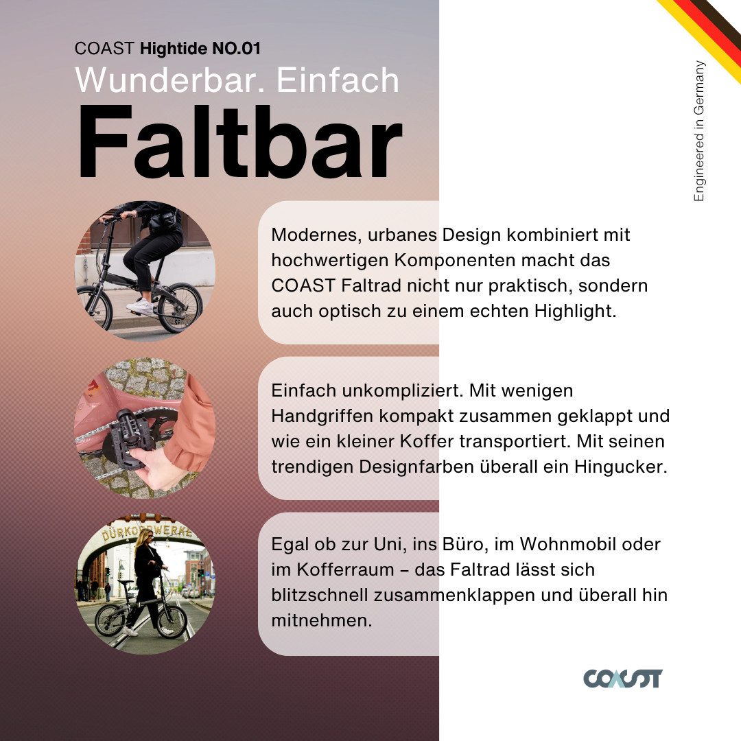 COAST-BIKES Folding Bike HIGHTIDE NO. 01 3S, Folding Bike, 20 inch, 14.1 KG, 3-speed, Lightweight & Compact, 3-speed