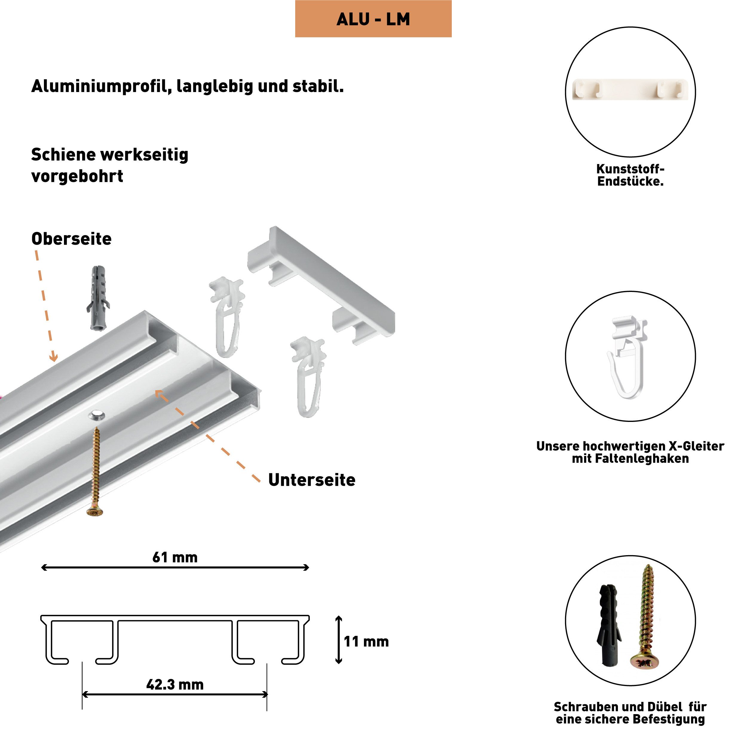 SN DECO GROUP Gardinenschiene Objektschiene LM, 2-läufig, Fixmaß, mit Bohren, verschraubt, Aluminium, vorgebohrt, Aluminium, Innenlauf, Vorhangschiene – Bild 5 von 5