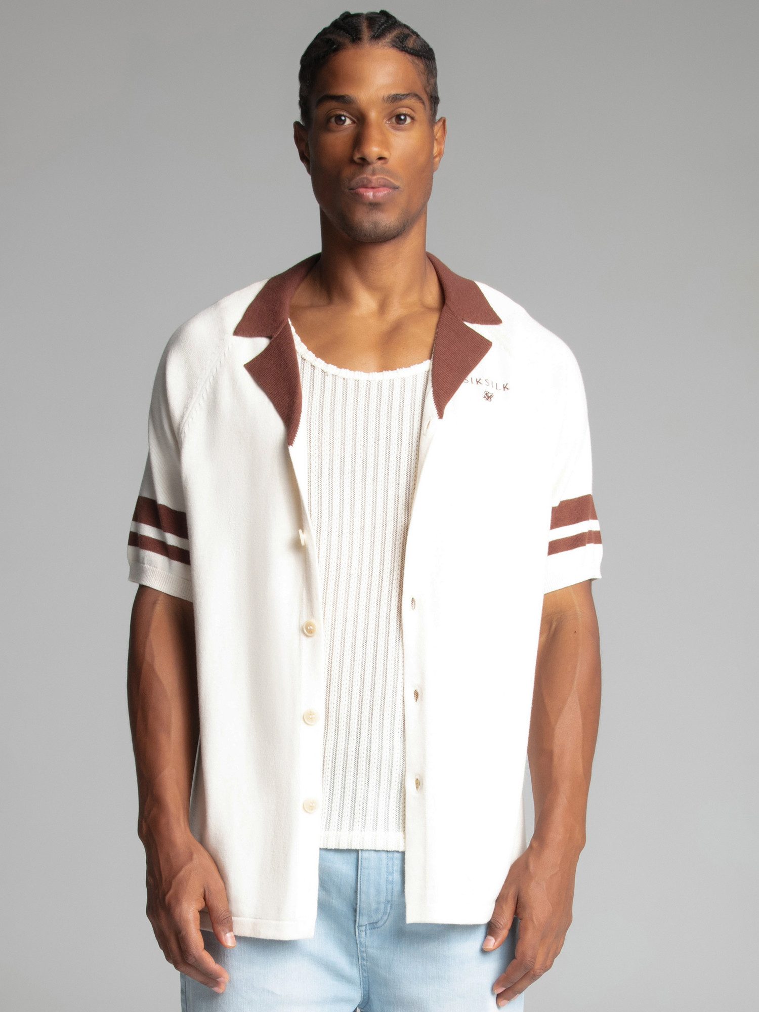 Siksilk Kurzarmhemd SikSilk Herren Ecru Retro Resort Hemd