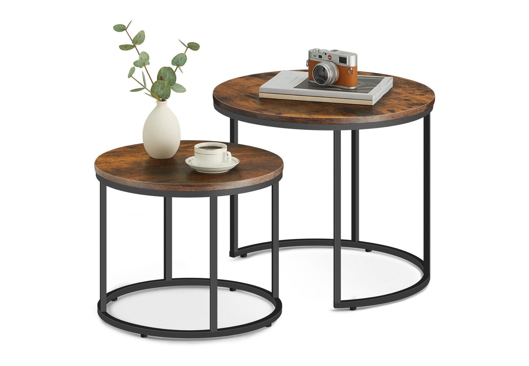 Home Collective Couchtisch 2er Set Beistelltisch Loft Design 2in1 Verschachtelung Wohnzimmer, kratzfeste Oberfläche 53cm & 43cm Rustikal-Eiche schwarzen Beinen rund