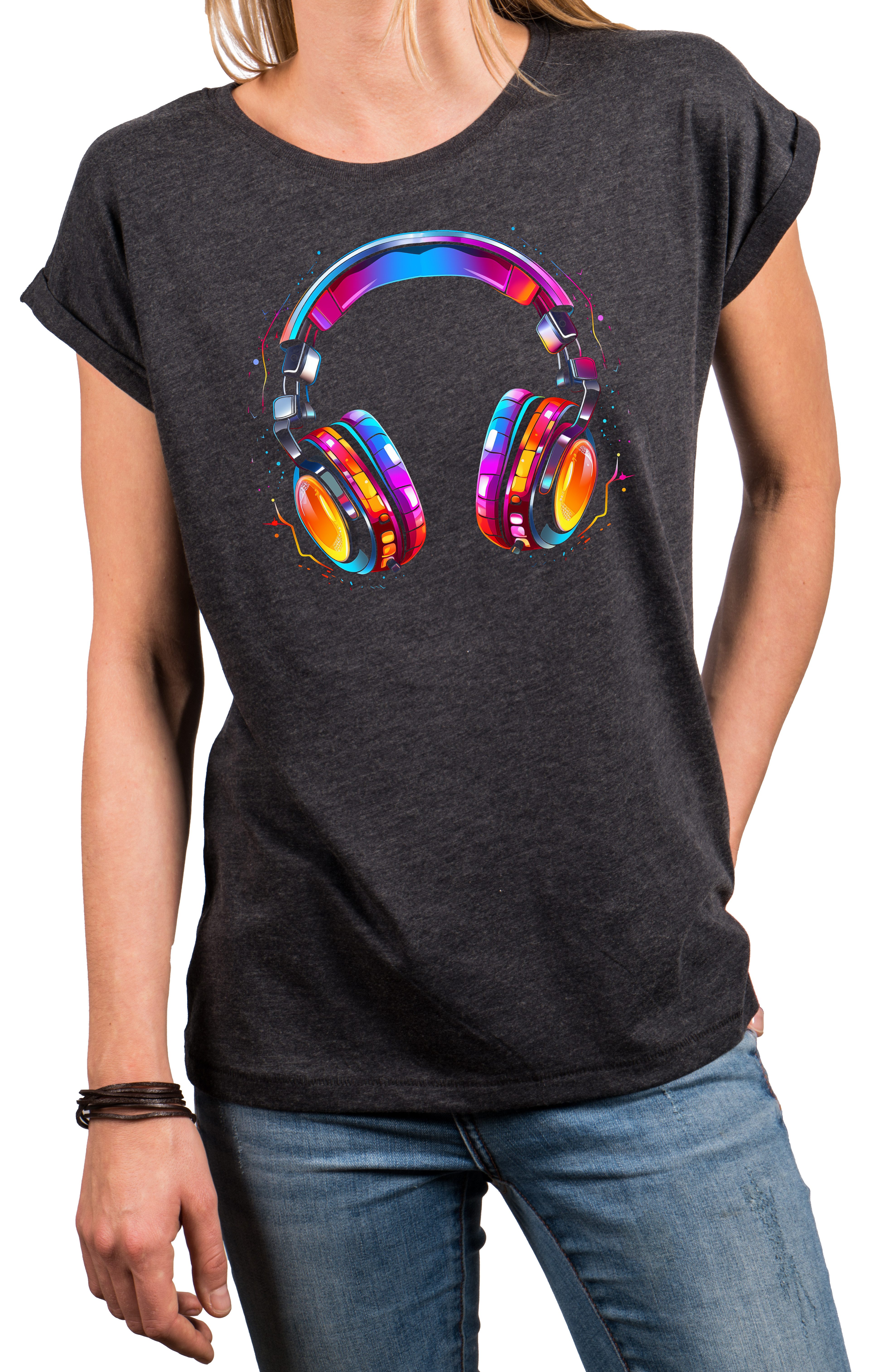 MAKAYA Print-Shirt Damen Top für Musik Fans Kopfhörer Design Hip Hop Outfit Mädchen (Schwarz, Blau, Grau, Grün, Weiß, 34, 36, 38, 40, 42, 44, 46, 48, 50) aus Baumwolle