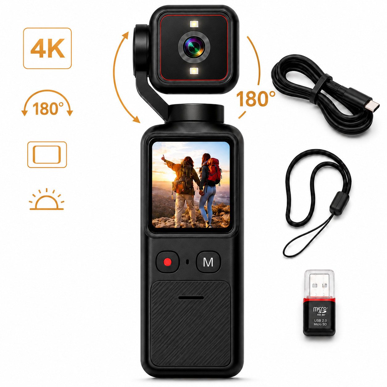 Luckice 4K Action Cam mit 180°-Objektiv, Touchscreen und WLAN Panoramakamera (integriertes Gimbal-Objektiv, kein weiteres Objektiv, 12 MP, 1x opt. Zoom, WLAN IEEE 802.11 b/g/n, inkl. Taschenkamera, Ladekabel, Handbuch, Eingebauter Gimbal, WLAN-Verbindung, Touchscreen, 4K-Videoaufnahme)