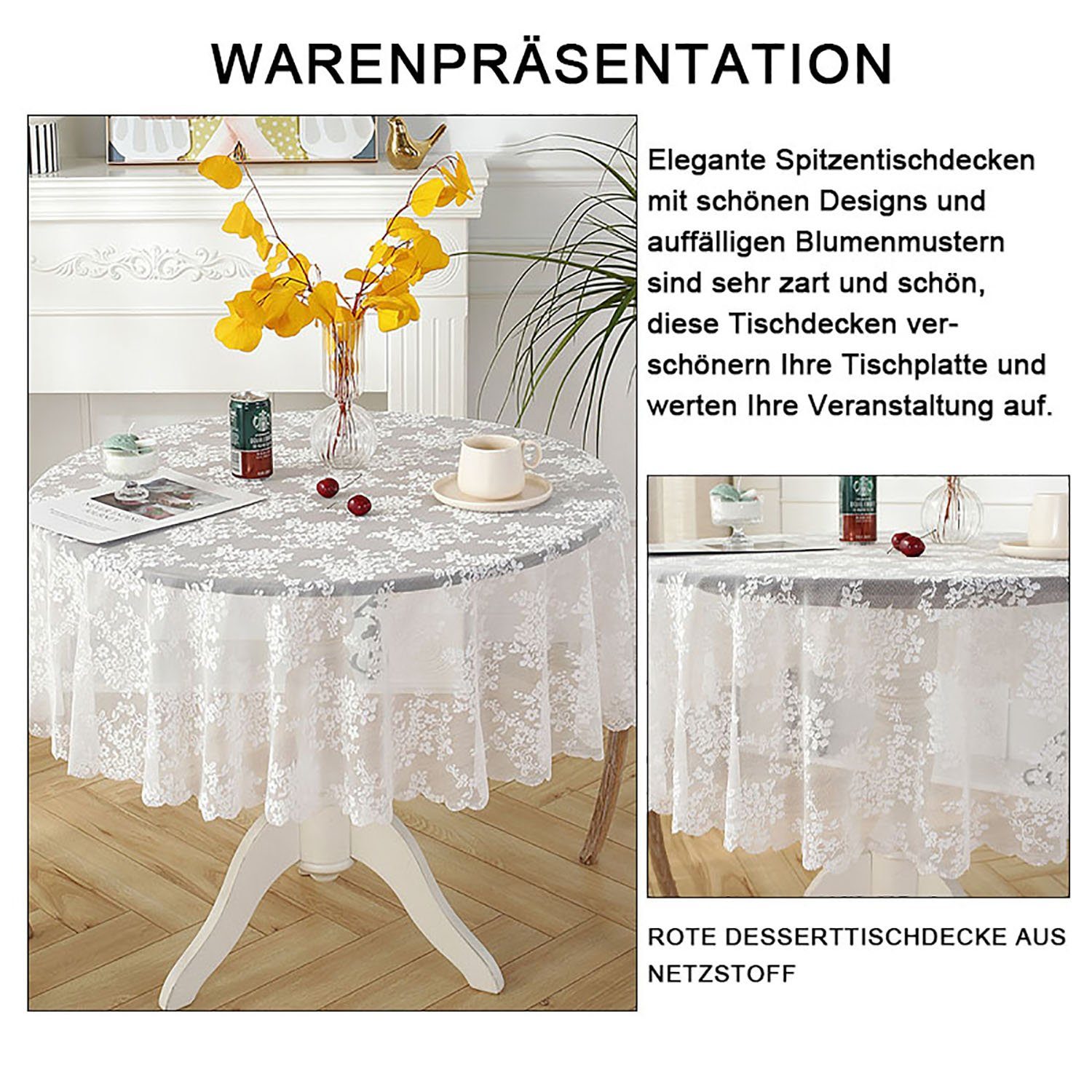 Tischdecke Tischdecke mit MAGICSHE Weiß-1 Vintage Spitzen Wellenschliff (1-tlg) Runde